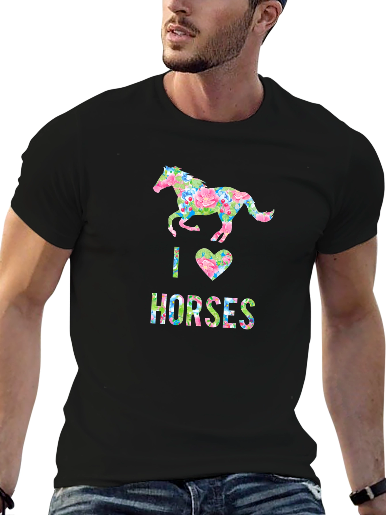 Black I Love Horses Floral Print T-Shirt view 6