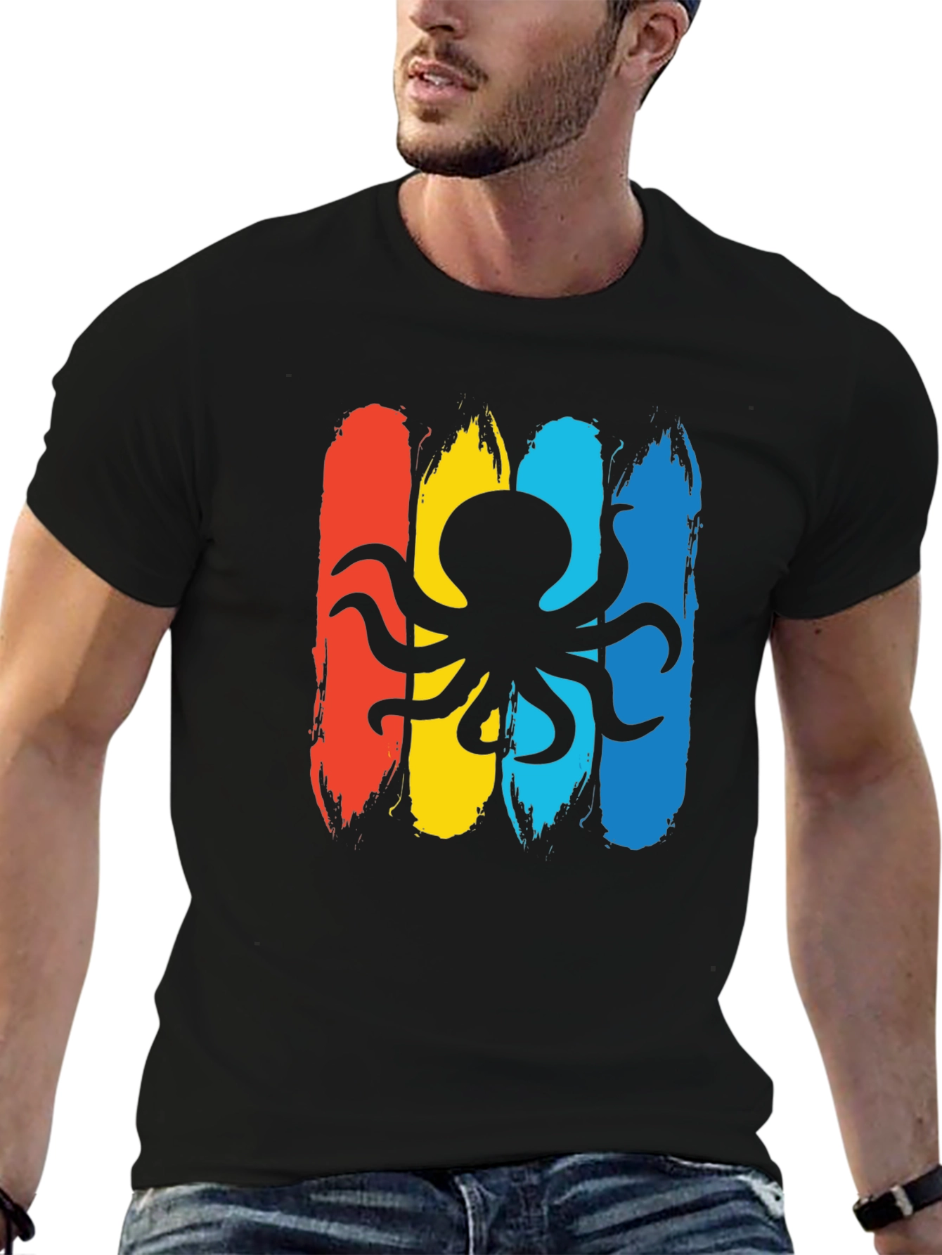 Black Octopus Graphic Men's Black T-Shirt view 6