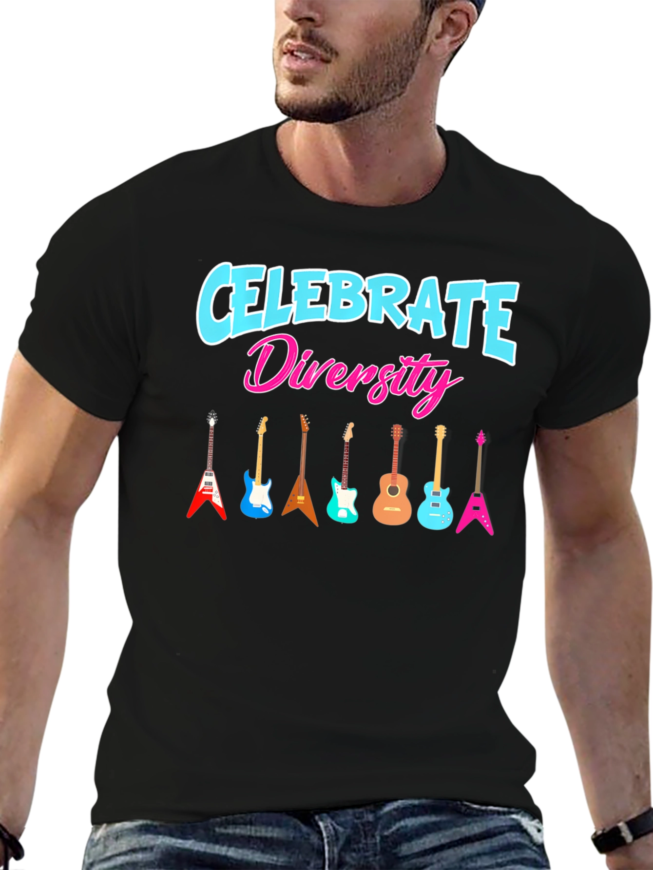 Black Celebrate Diversity Guitar Graphic T-Shirt view 6