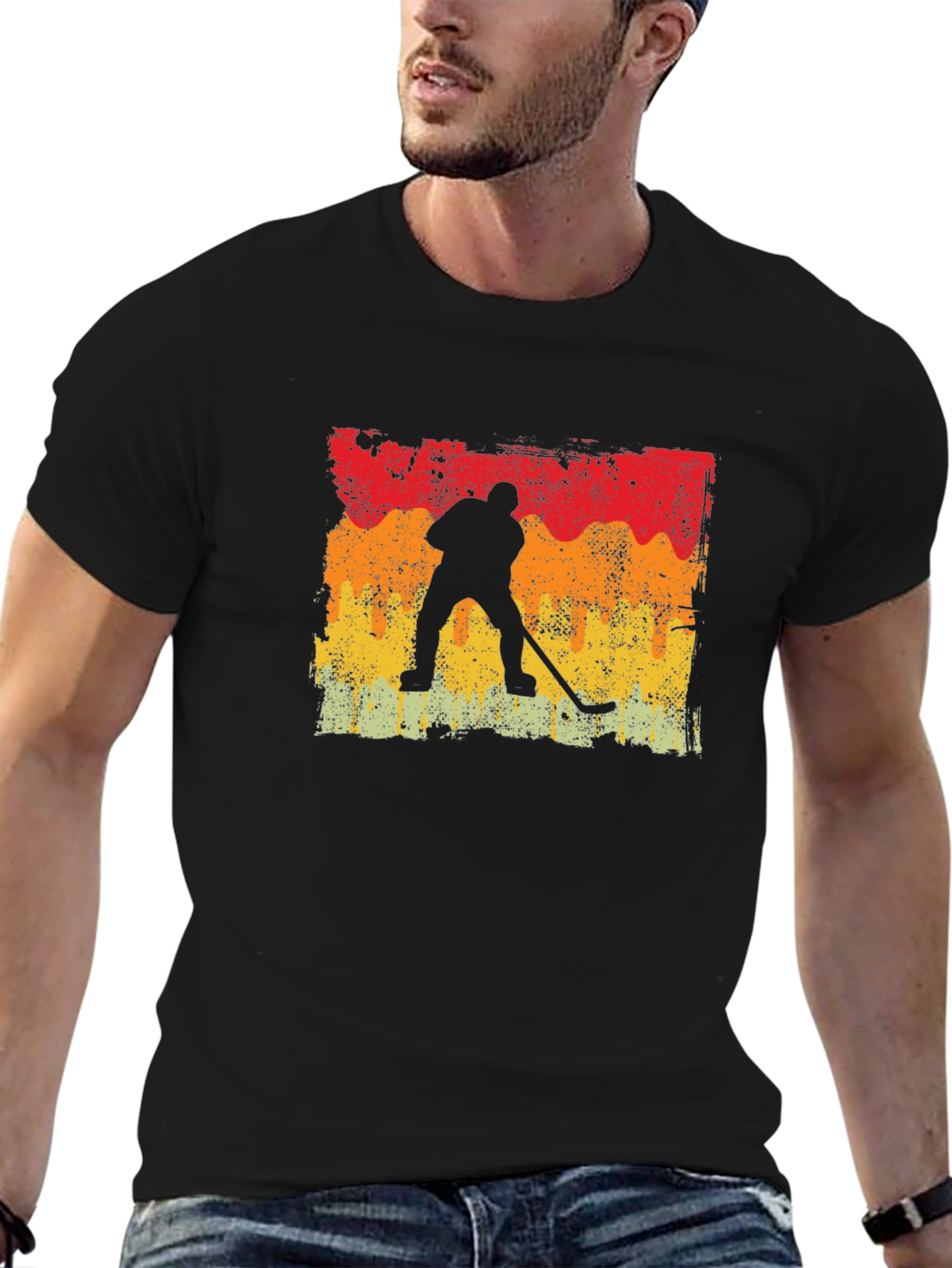 Black Retro Hockey Player Graphic T-Shirt view 6