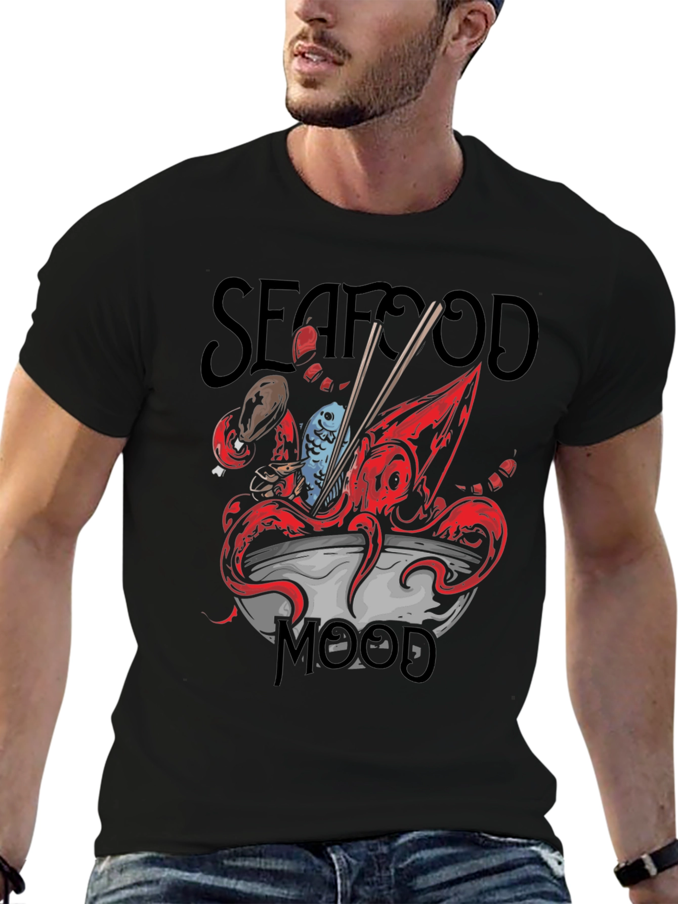 Black Seafood Mood Graphic Tee - Unique Octopus Ramen Design view 6
