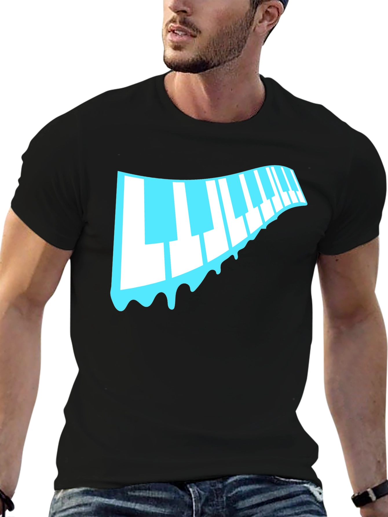 Black Cool Piano Keys Drip Graphic Black T-Shirt view 6