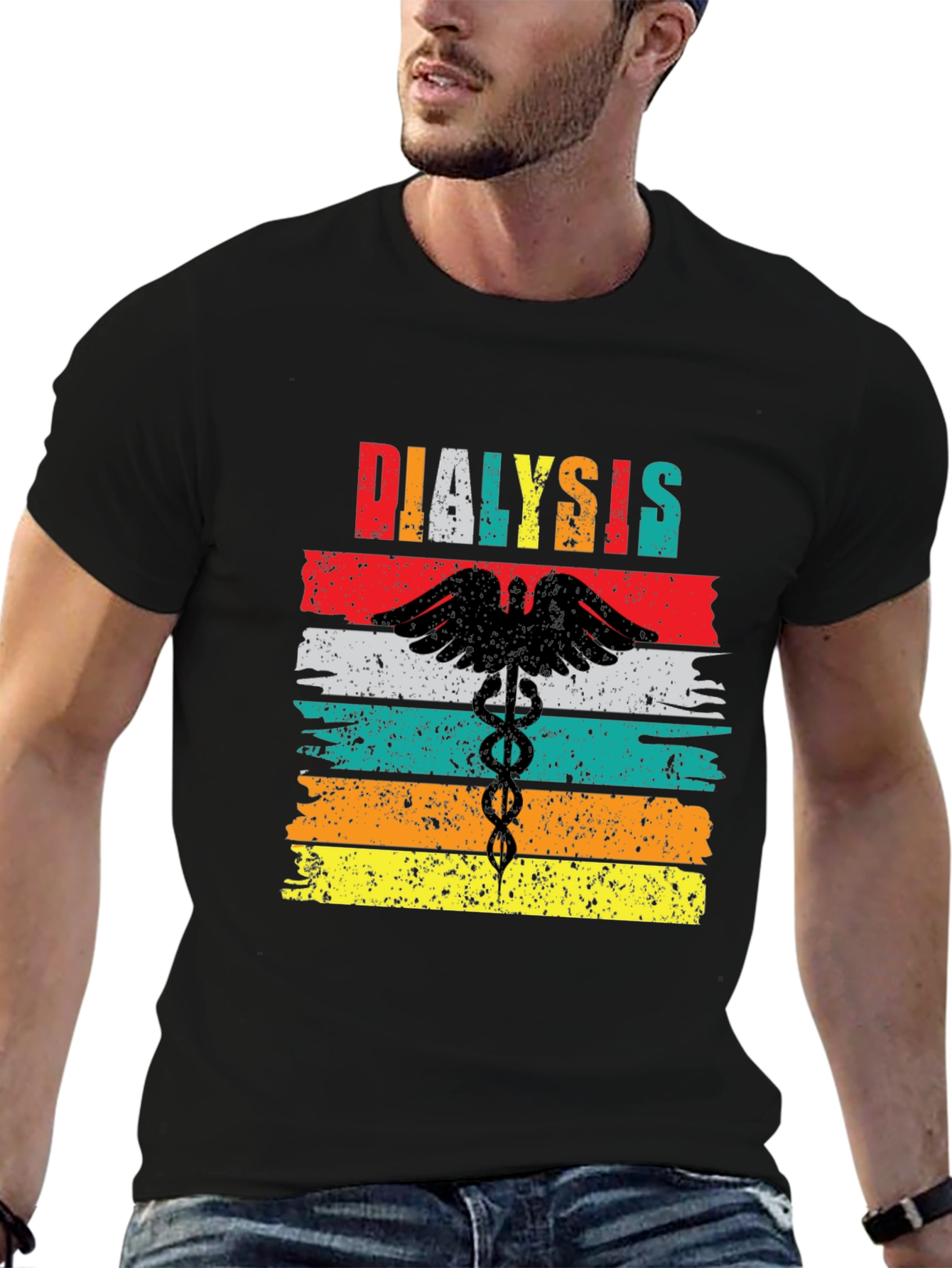 Black Dialysis Caduceus Retro Style T-Shirt view 6