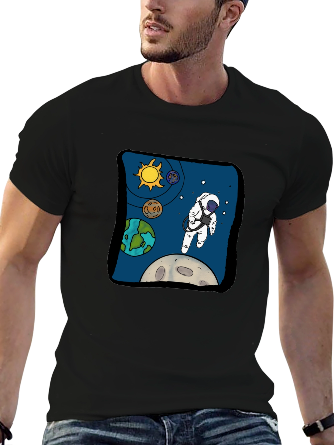 Black Astronaut in Space Graphic Tee - Cool Black T-Shirt view 6