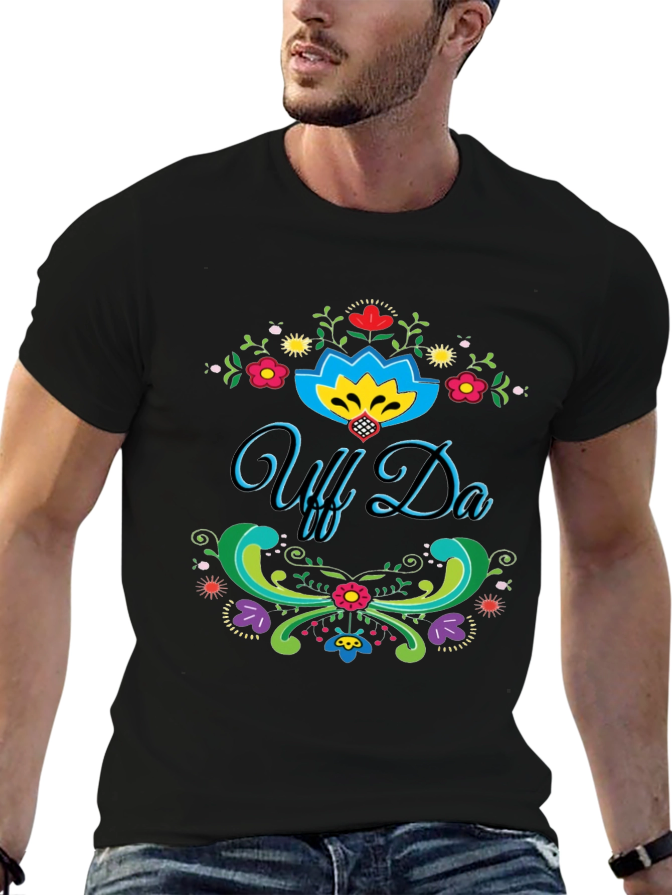 Black Uff Da! Graphic T-Shirt - Colorful Floral Design view 6