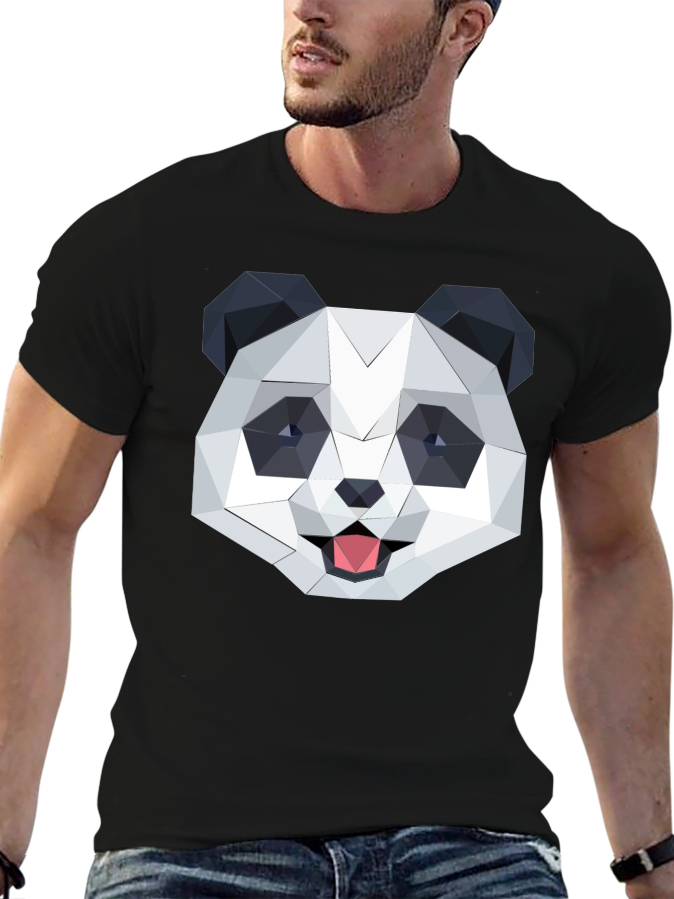 Black Geometric Panda Graphic Black T-Shirt view 6
