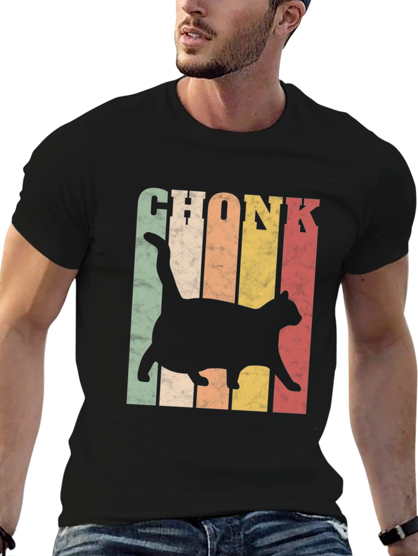 Black Chonk Cat Retro Style T-Shirt view 6