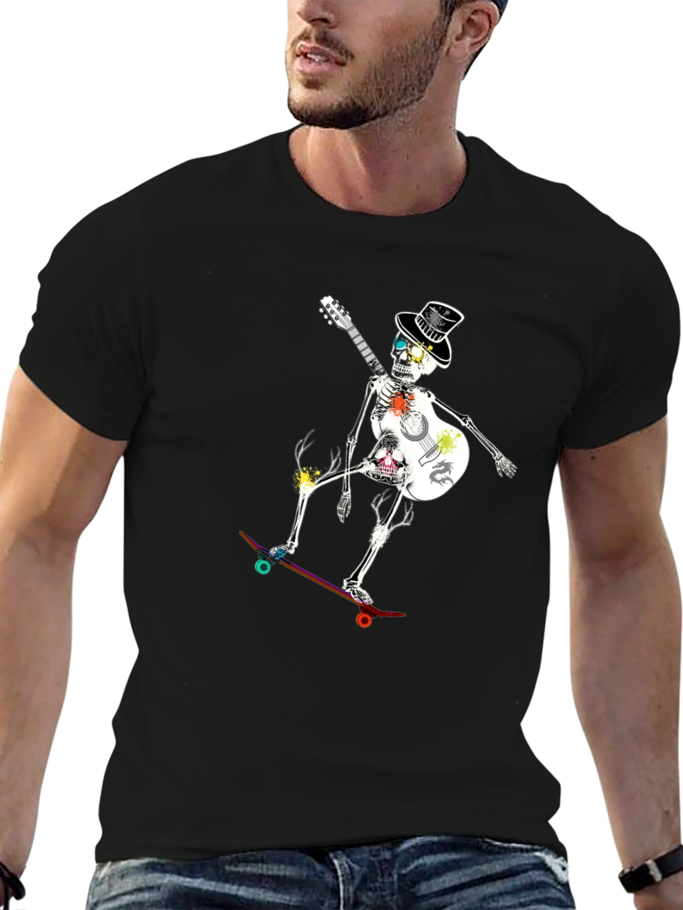 Black Skateboard Skeleton Guitarist Graphic Tee view 6