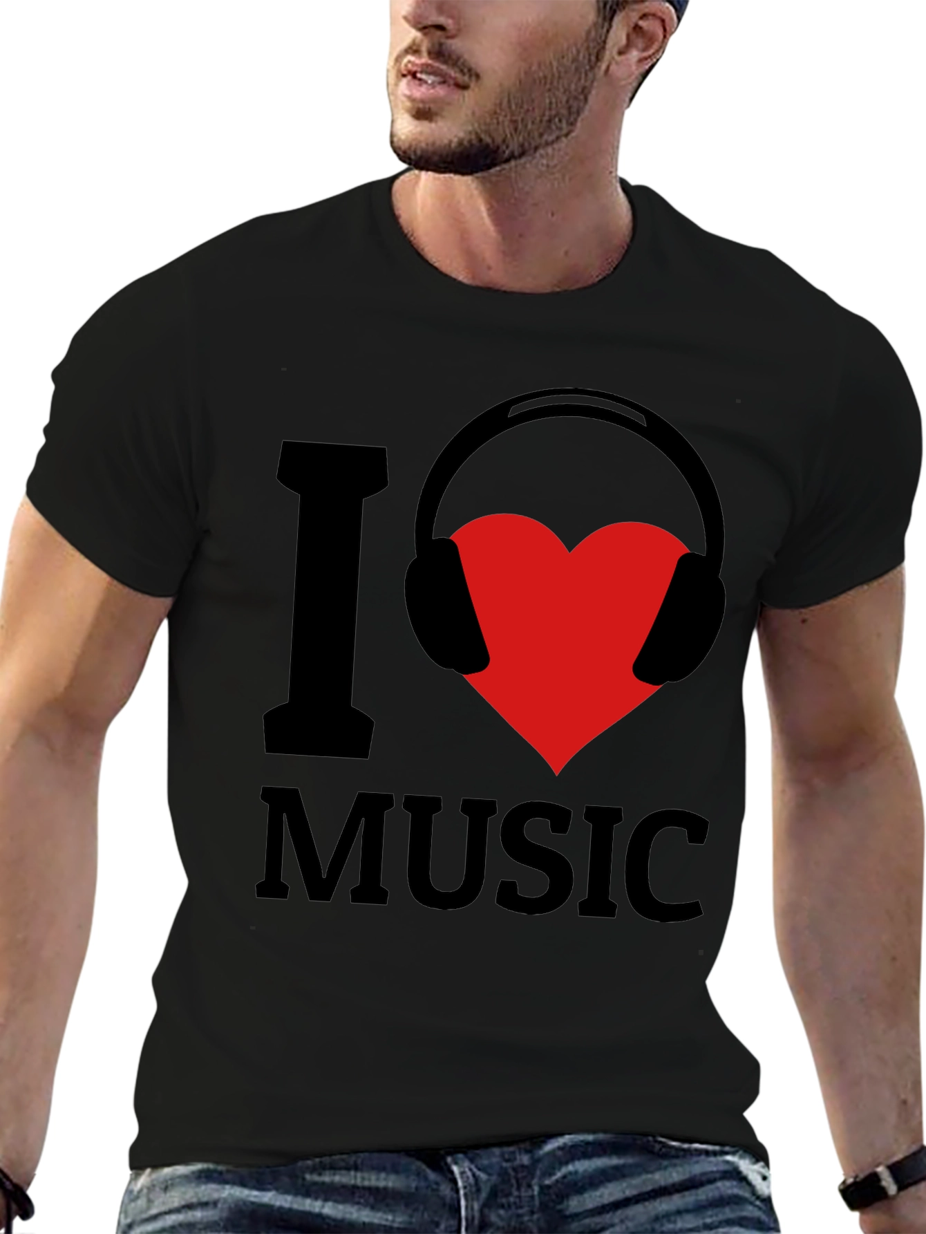 Black I Love Music T-Shirt - Heart Headphones Graphic Tee view 6