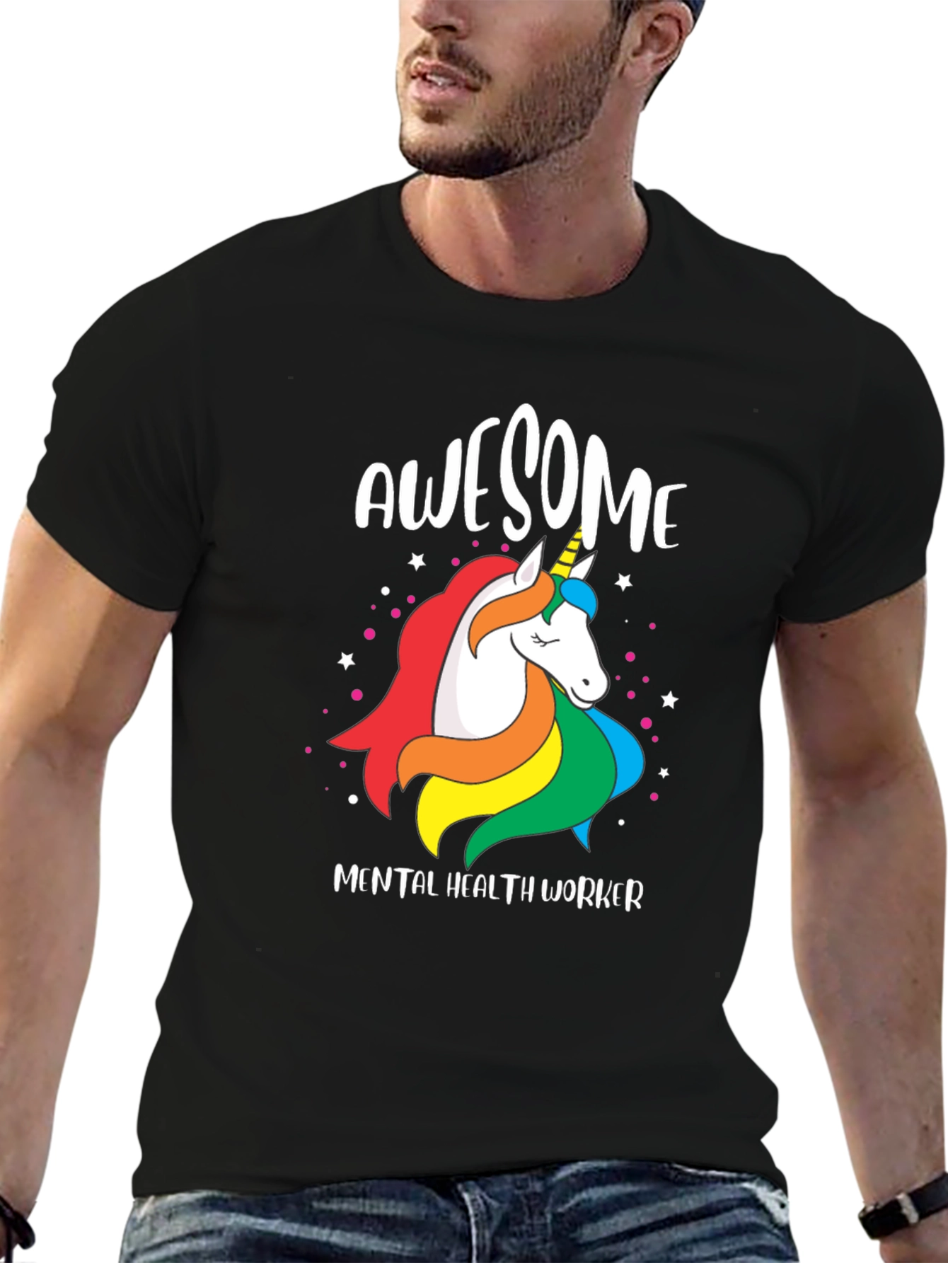 Black Awesome Mental Health Worker Unicorn T-Shirt view 6