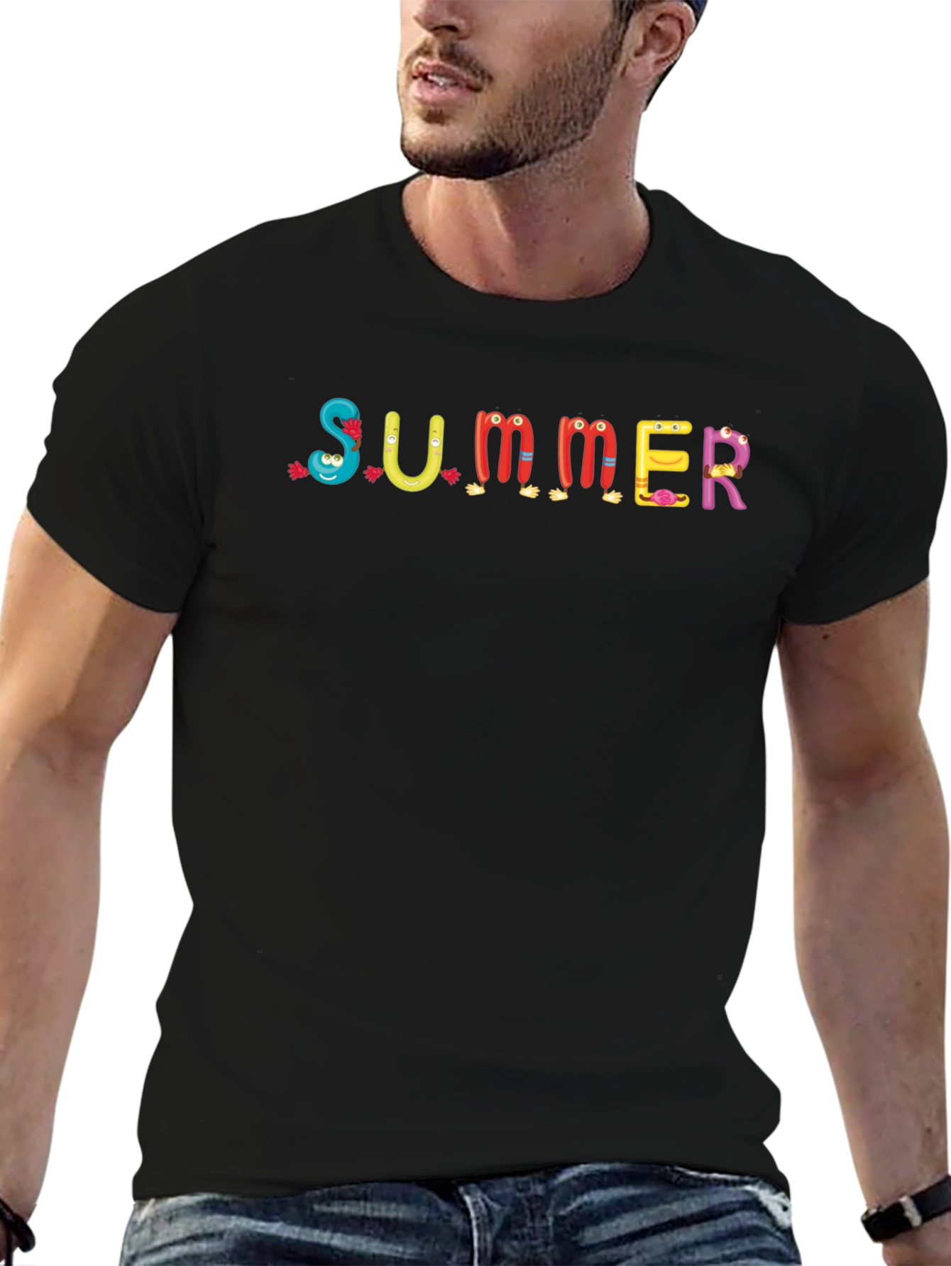 Black Fun Summer Cartoon T-Shirt - Crew Neck Casual Tee view 6