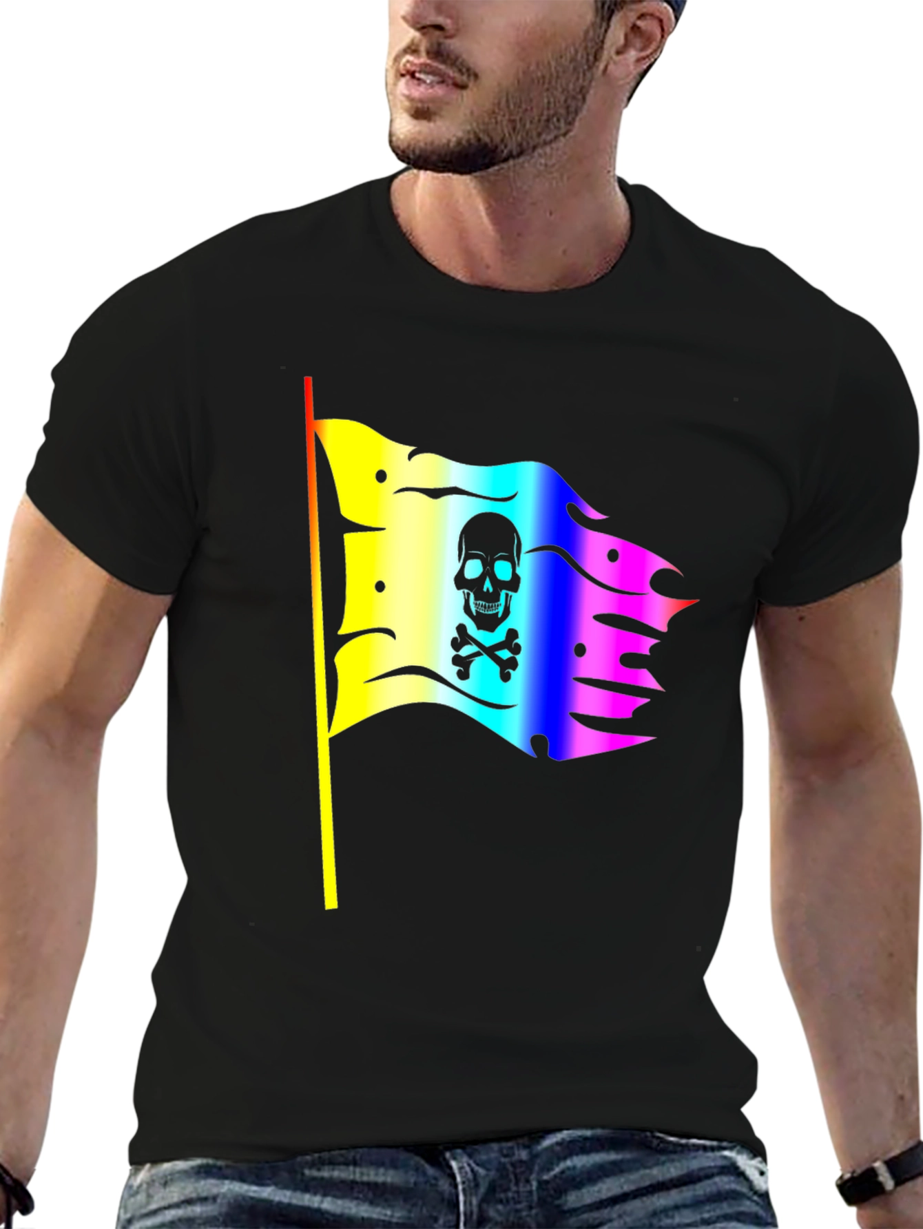 Black Rainbow Pirate Flag Skull Graphic T-Shirt view 6