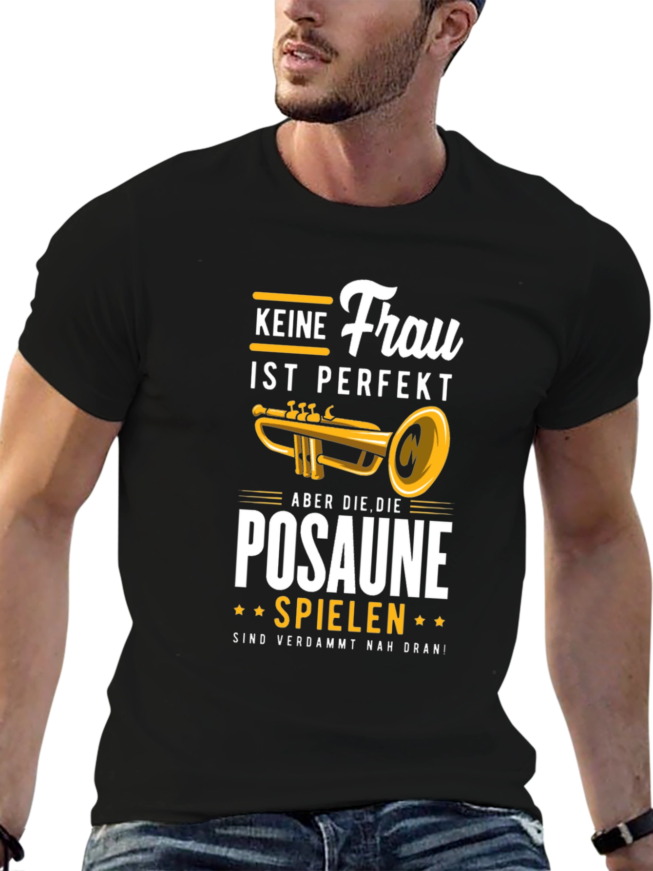 Black Funny Trombone Player T-Shirt - "Keine Frau Ist Perfekt" view 6