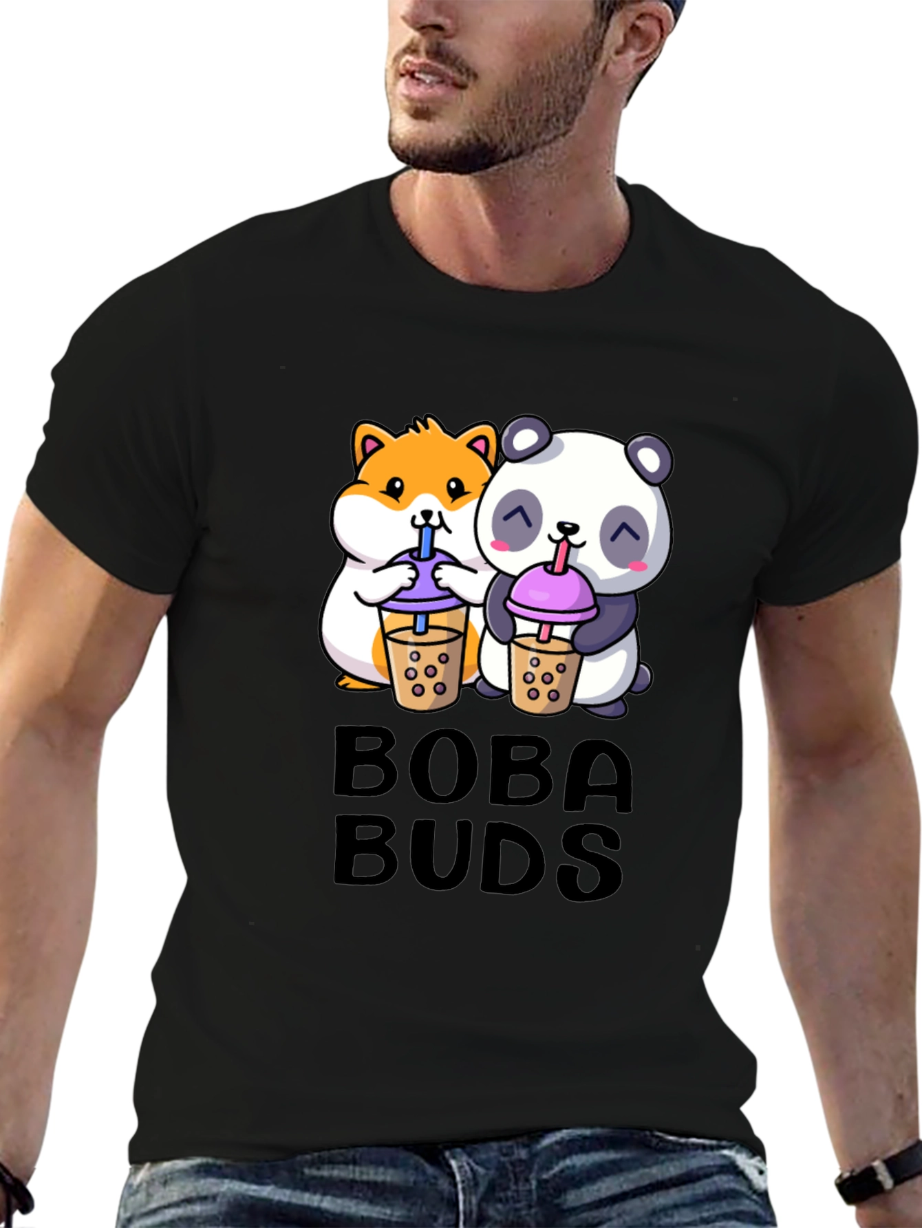 Black Boba Buds Graphic Tee - Cute Panda & Hamster Boba Design view 6