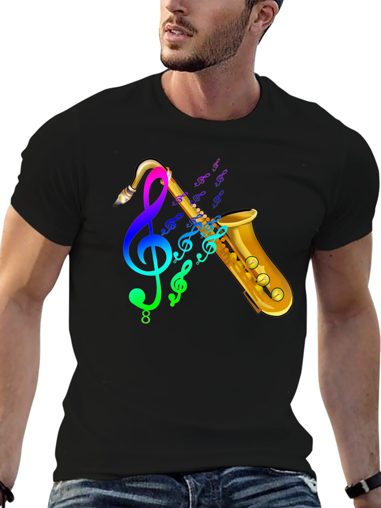 Black Saxophone & Music Notes Graphic Black T-Shirt view 6