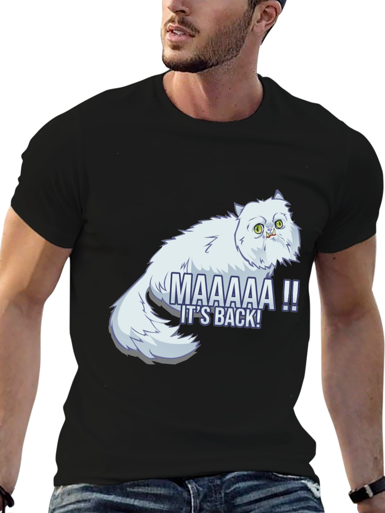 Black Funny Cat Graphic T-Shirt - "It's Back!" view 6
