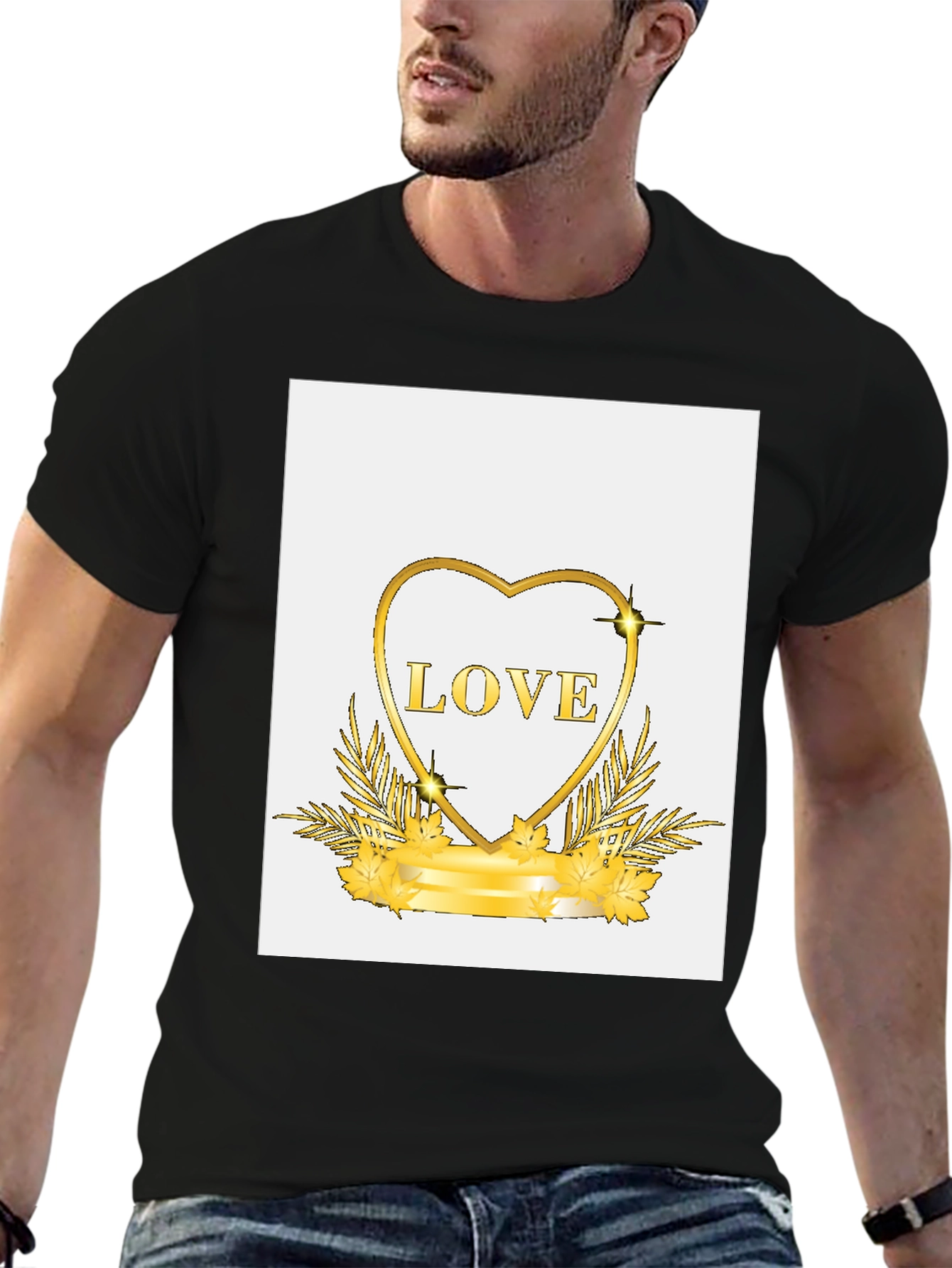 Black Golden Love Heart Graphic Black T-Shirt view 6
