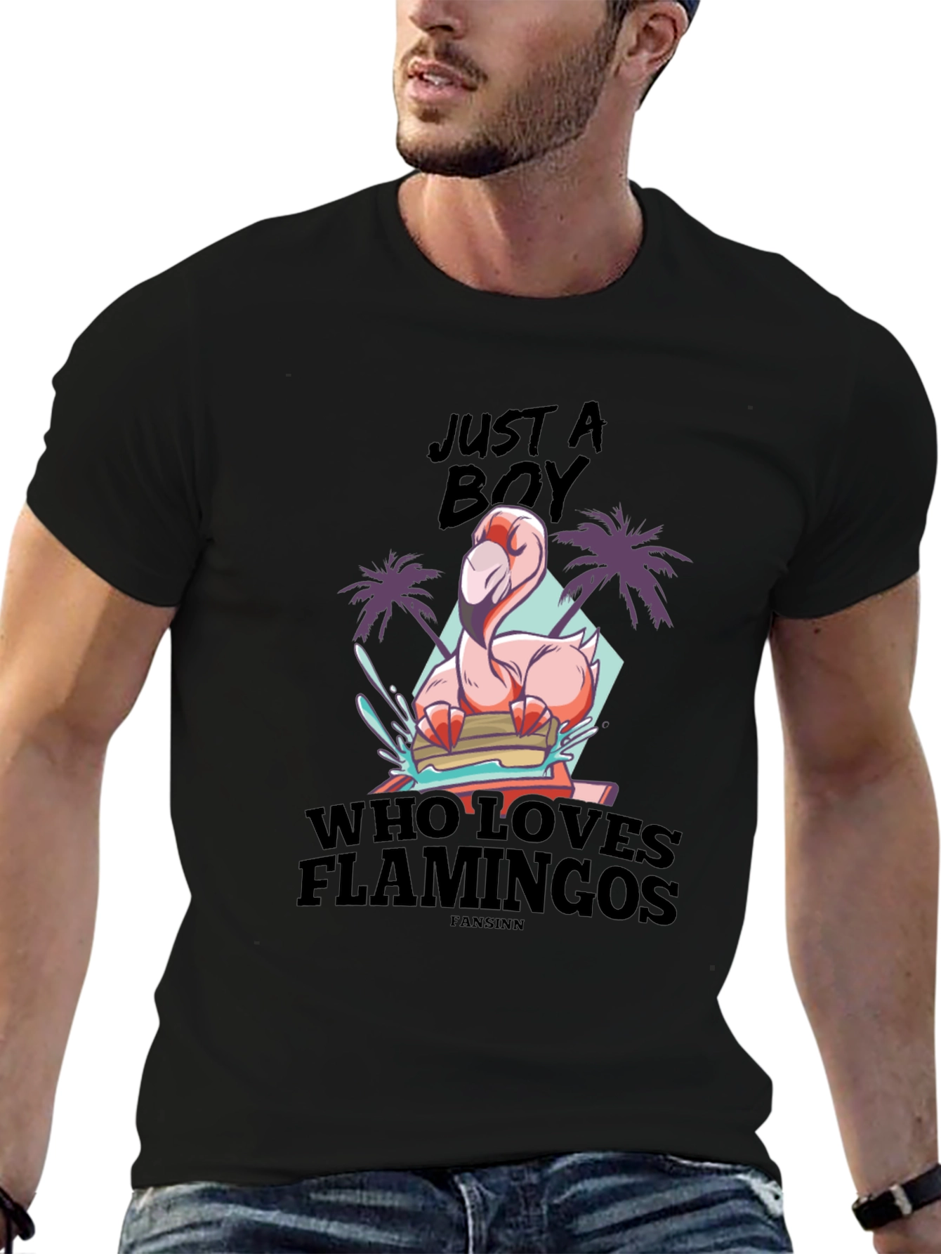 Black Just A Boy Who Loves Flamingos Black T-Shirt view 6