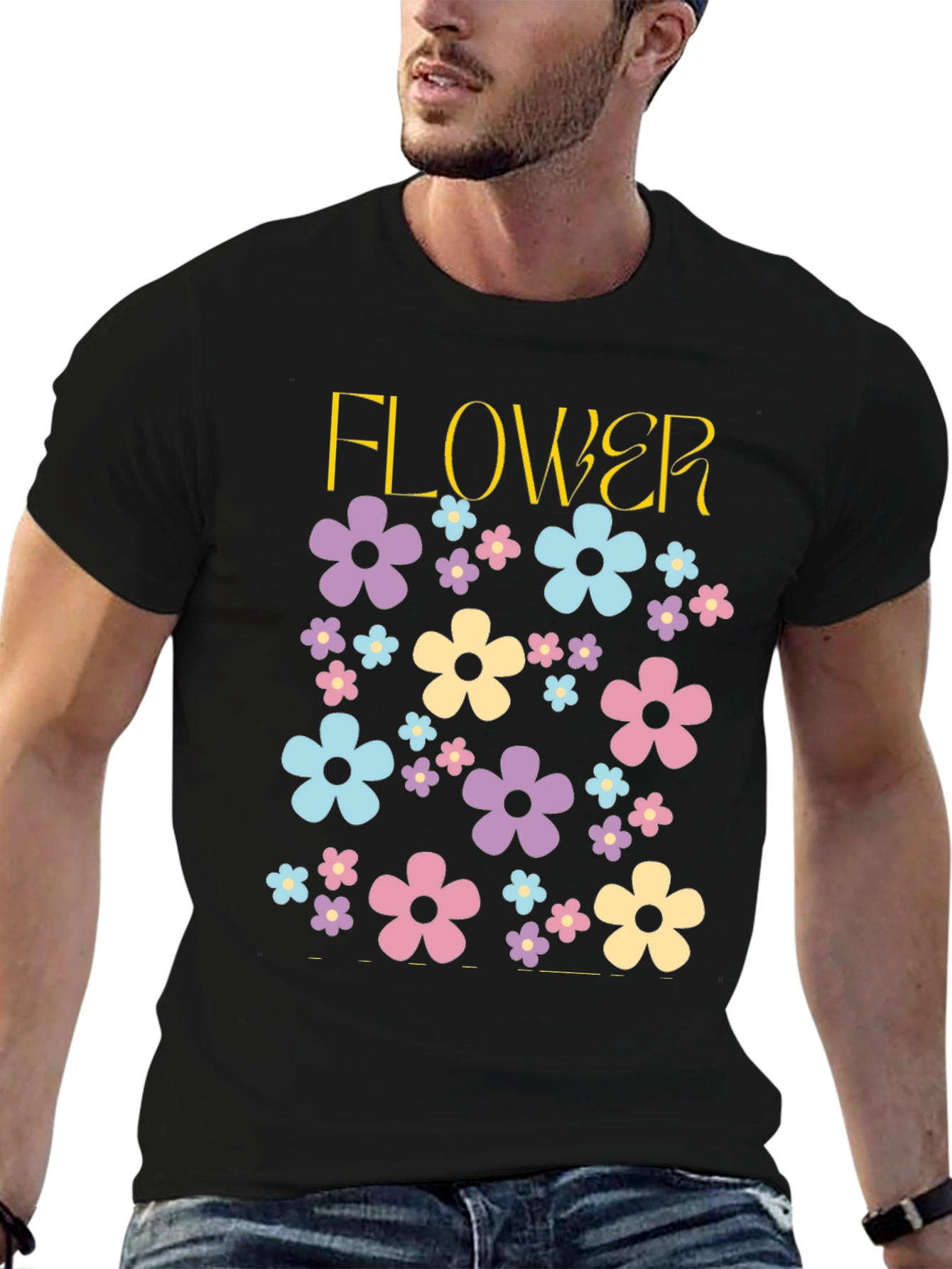 Black Floral Power T-Shirt - Retro Flower Design view 6