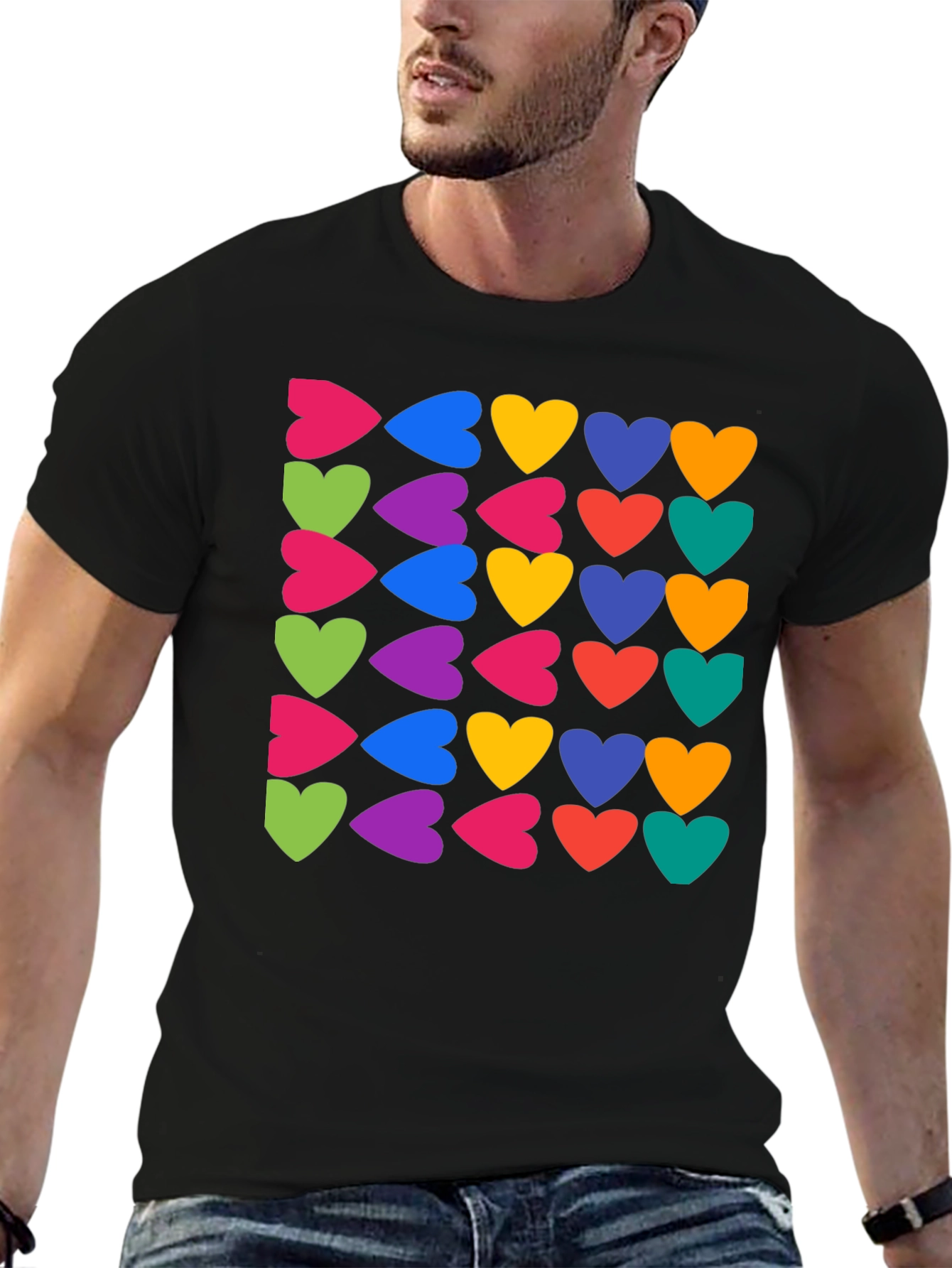 Black Colorful Hearts Pattern Black T-Shirt view 6