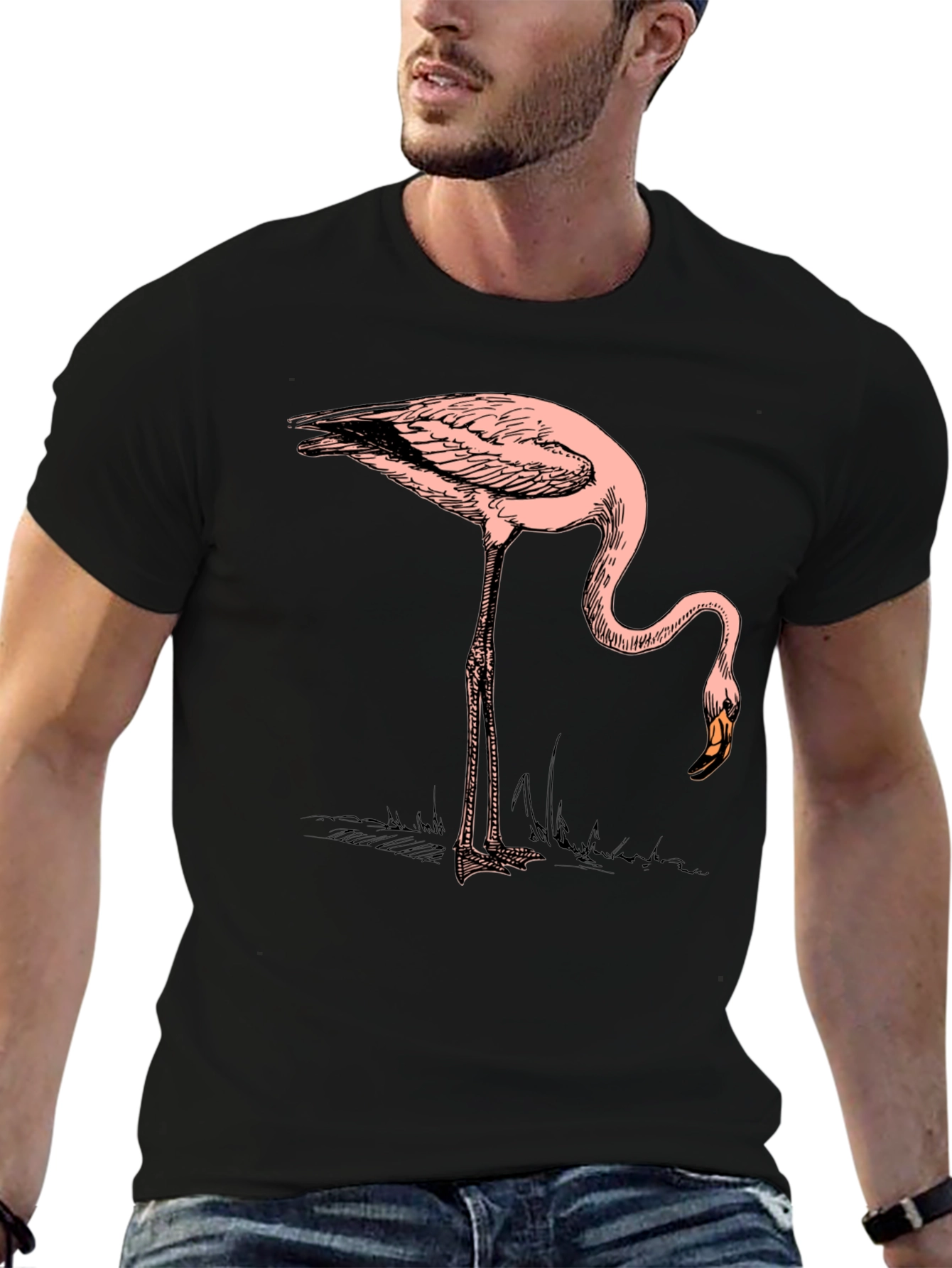 Black Cool Flamingo Graphic Print Black T-Shirt view 6