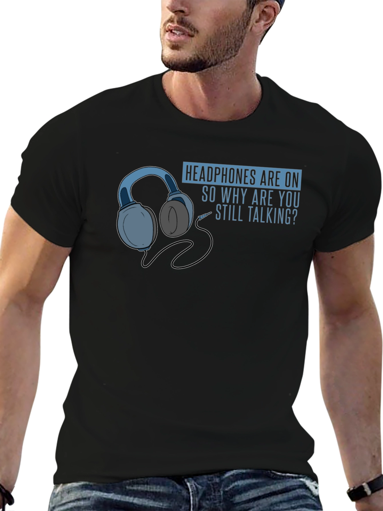 Black Headphones On Graphic T-Shirt - Introvert Humor view 6