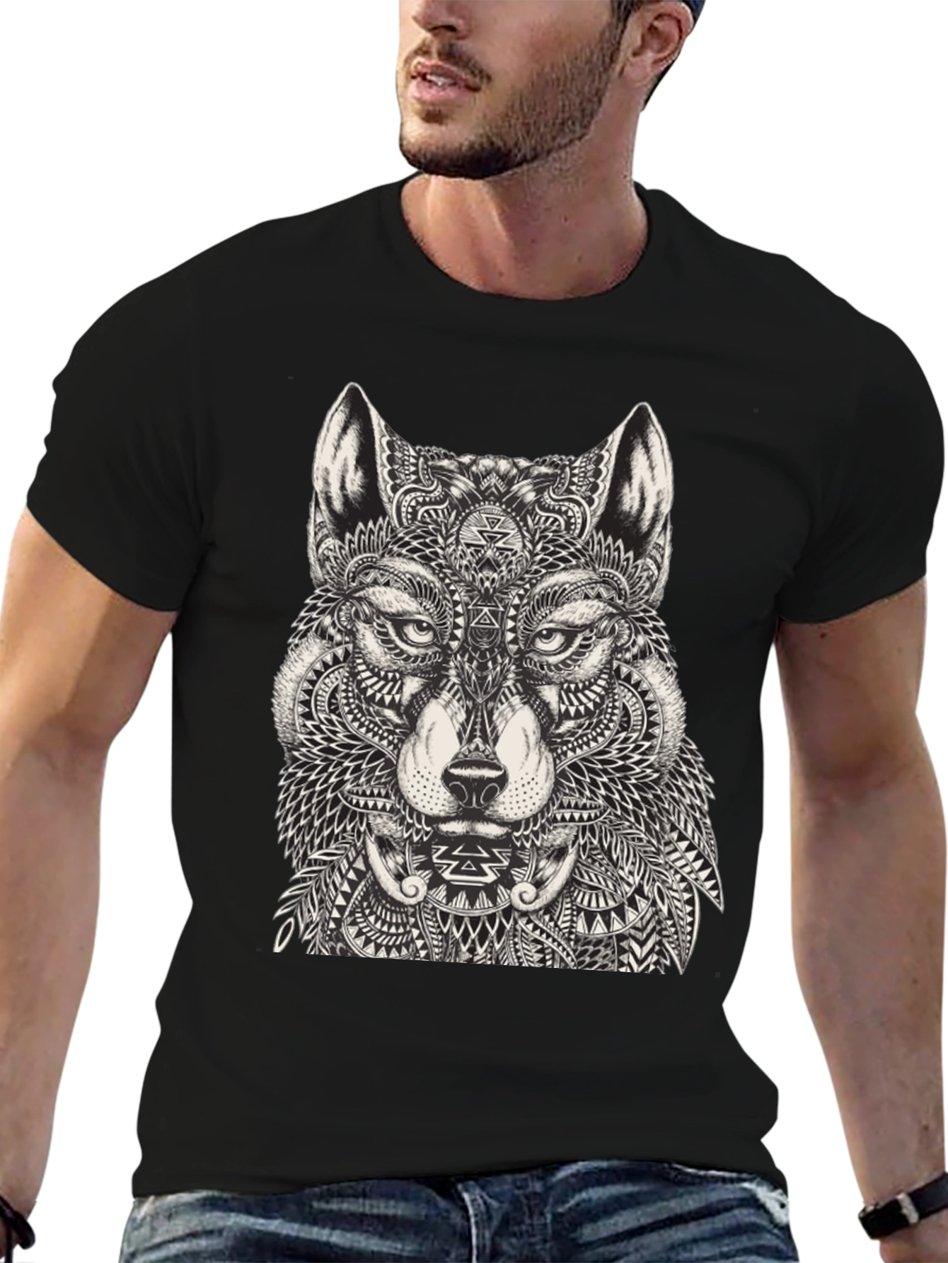 Black Wolf Graphic Print Black T-Shirt for Men view 6