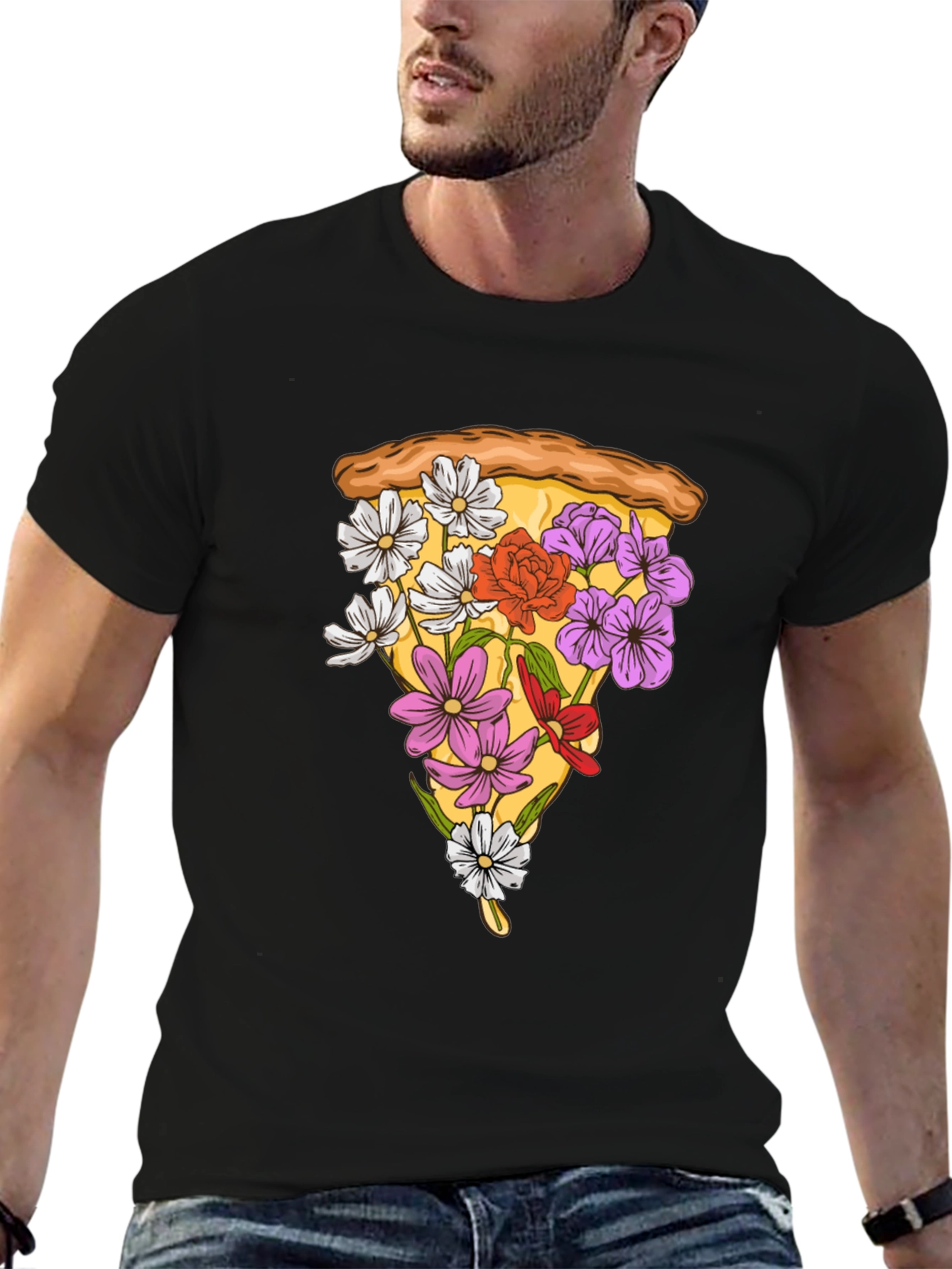 Black Floral Pizza Slice Graphic Tee - Unique Style view 6
