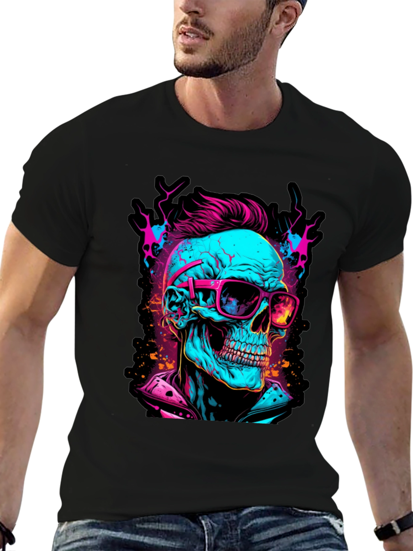 Black Neon Skull Graphic T-Shirt view 6