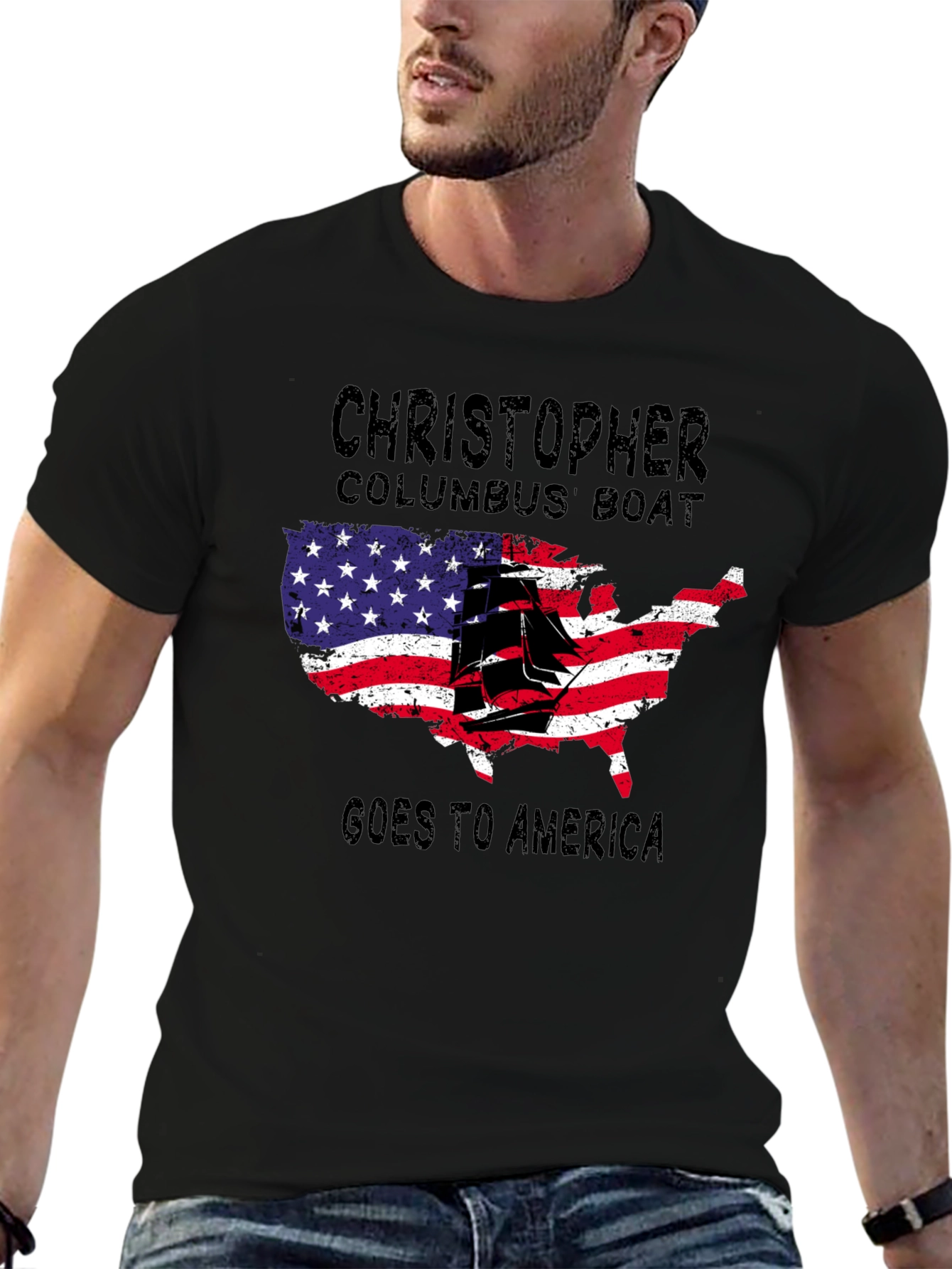 Black Christopher Columbus Boat USA Map T-Shirt view 6
