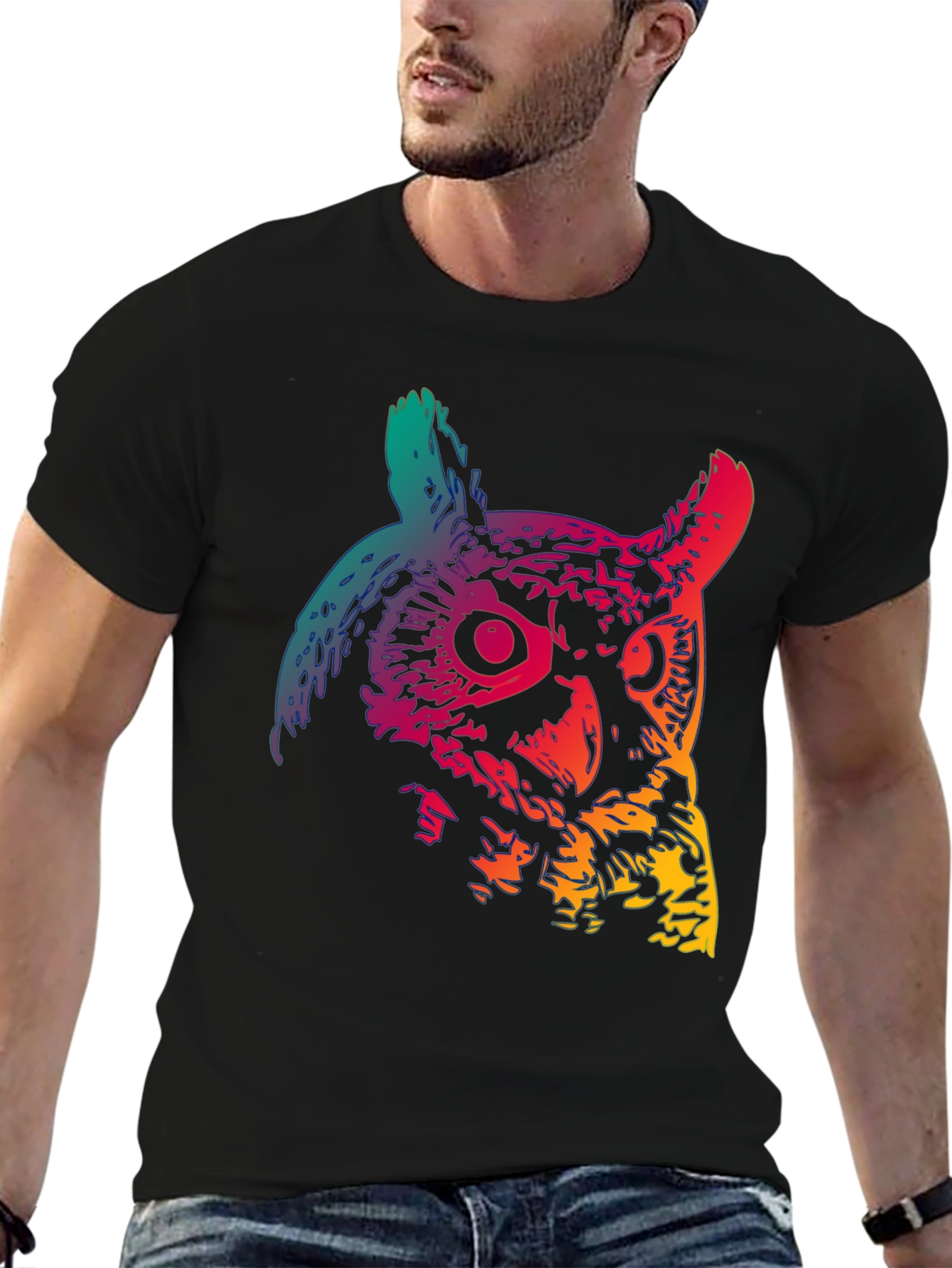 Black Rainbow Owl Graphic Print Men's Black T-Shirt view 6