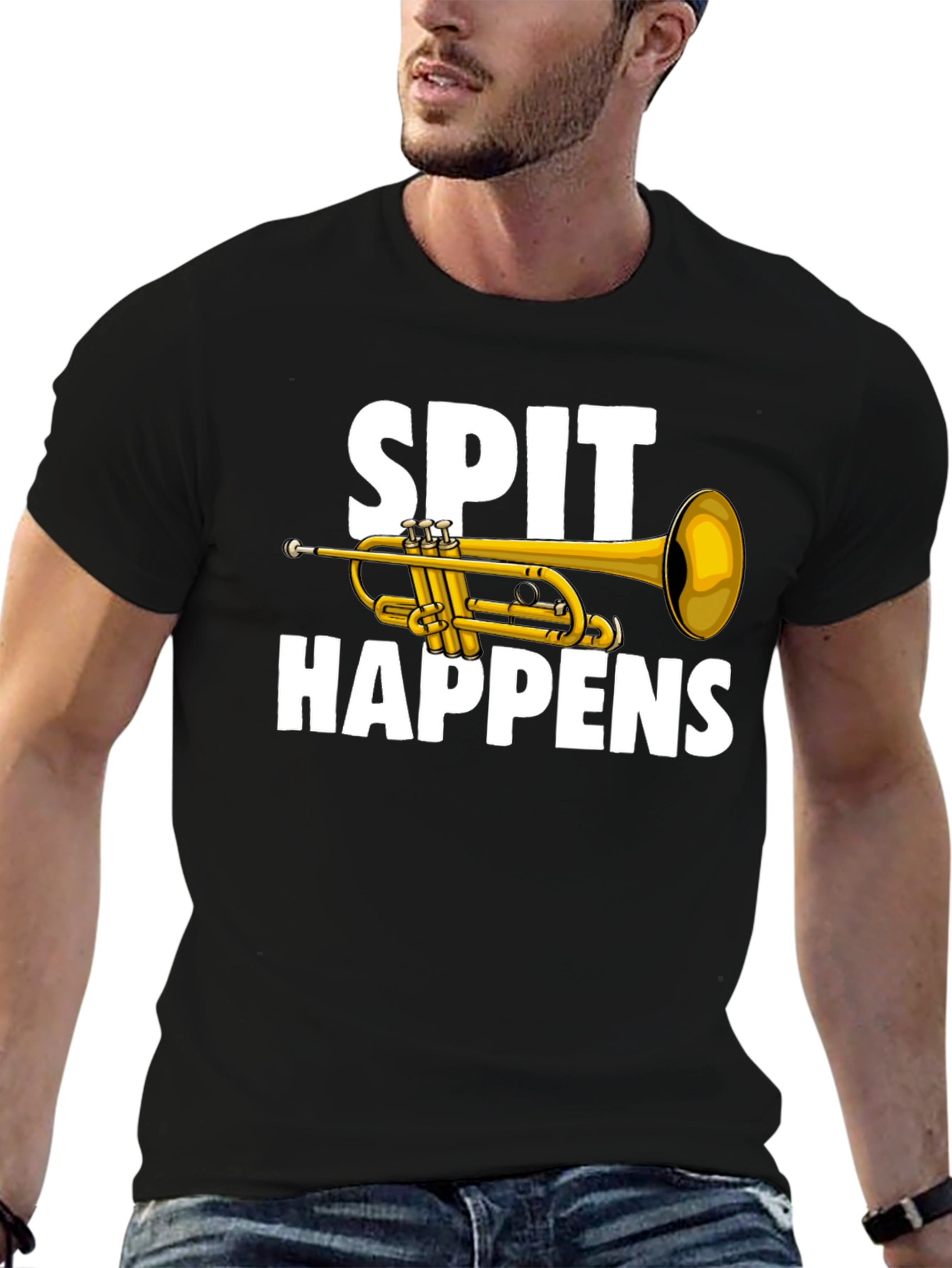 Black Spit Happens Trumpet T-Shirt - Musician Humor view 6