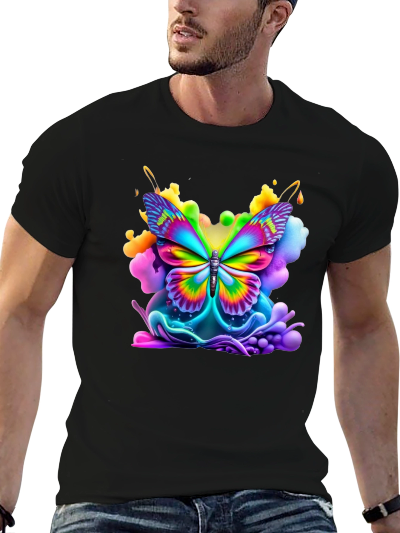 Black Vibrant Butterfly Graphic Tee - Black Cotton Comfort view 6
