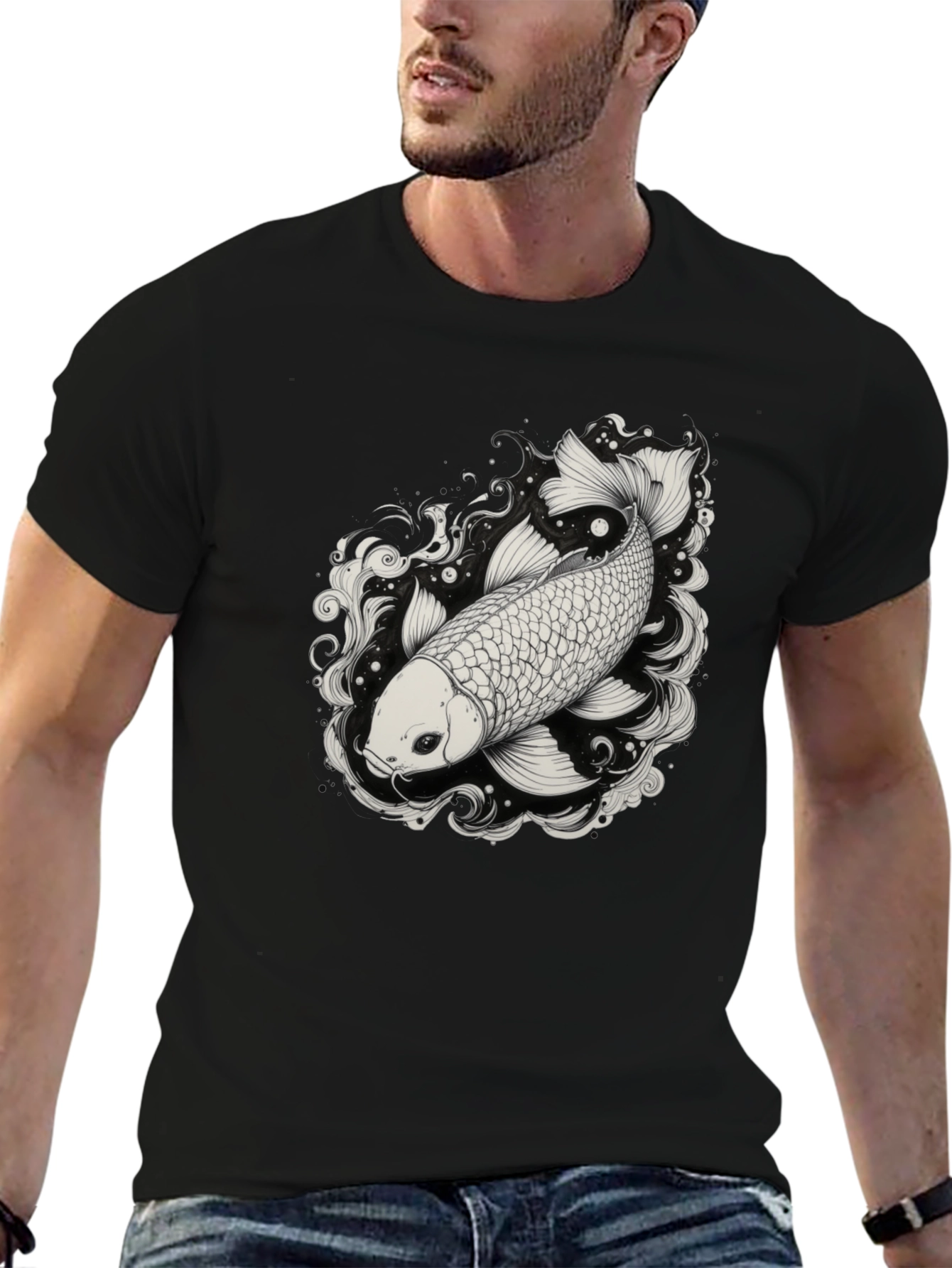 Black Koi Fish Graphic Tee - Black Cotton Blend Shirt view 6