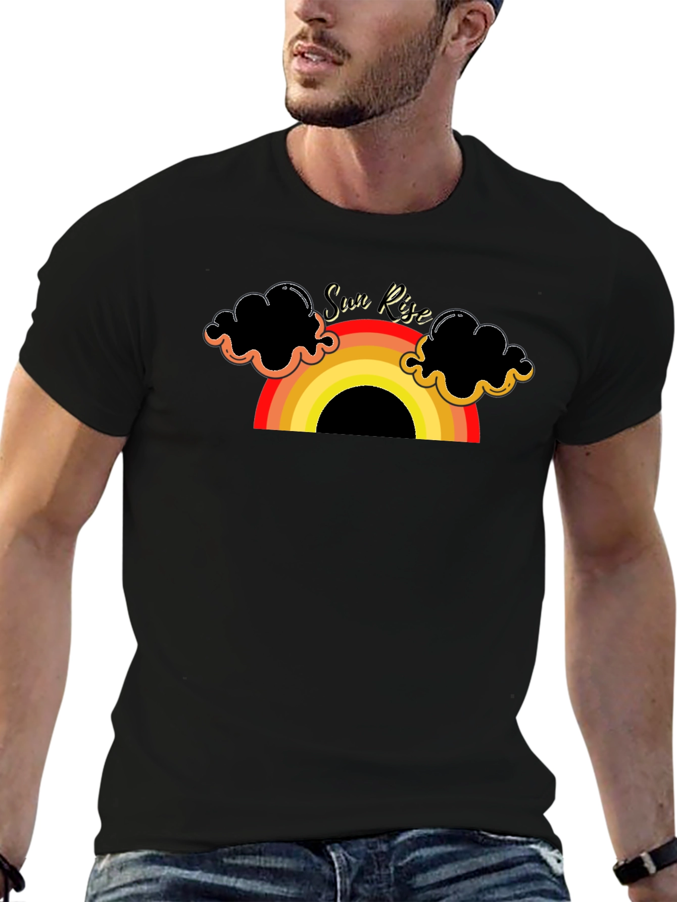 Black Sunrise Rainbow Graphic Tee - Black Cotton T-Shirt view 6