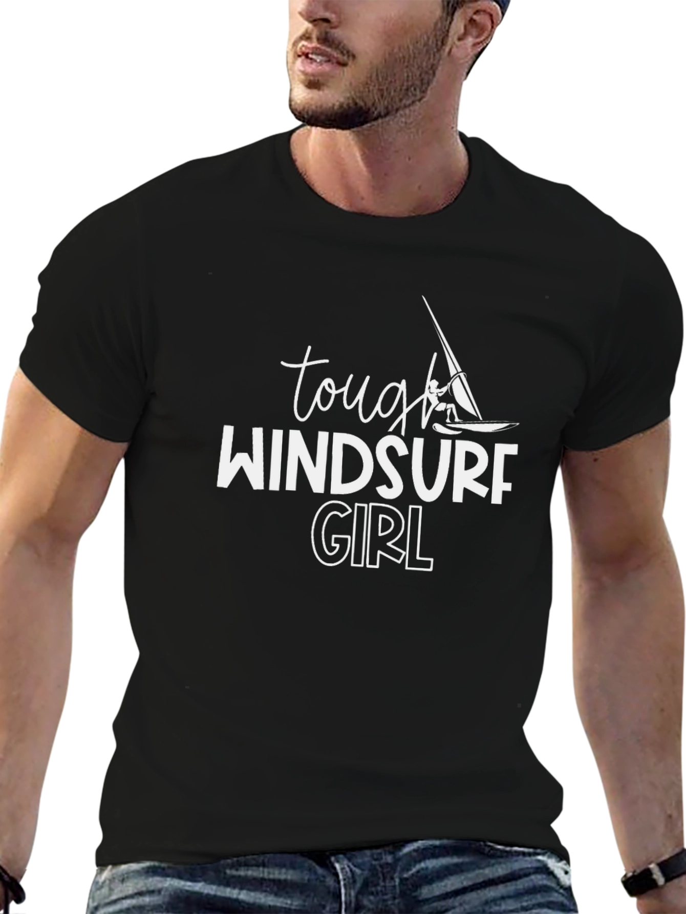 Black Tough Windsurf Girl Graphic Tee - Black Crew Neck T-Shirt view 6