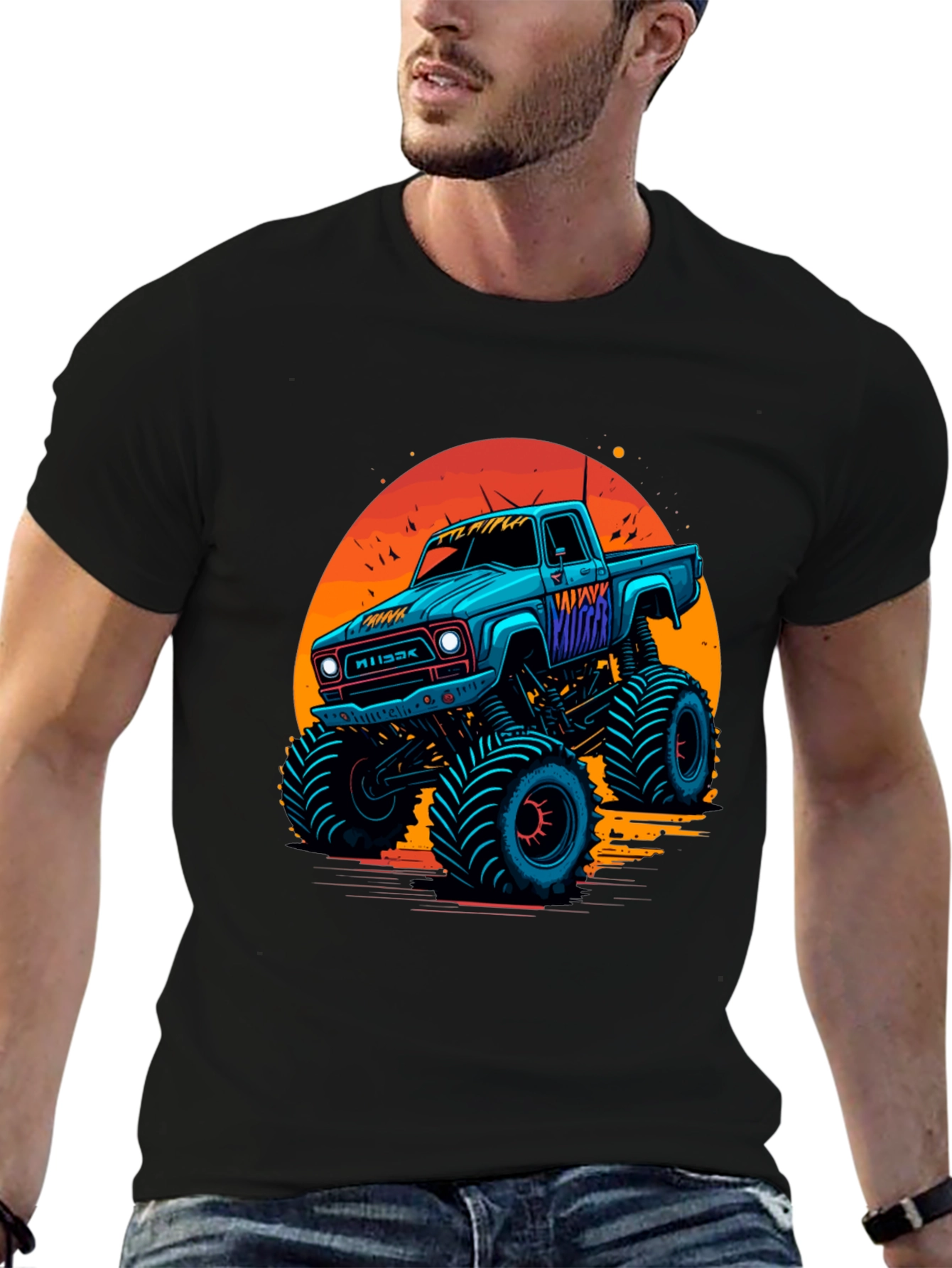 Black Monster Truck Graphic Tee - Retro Sunset Design view 6