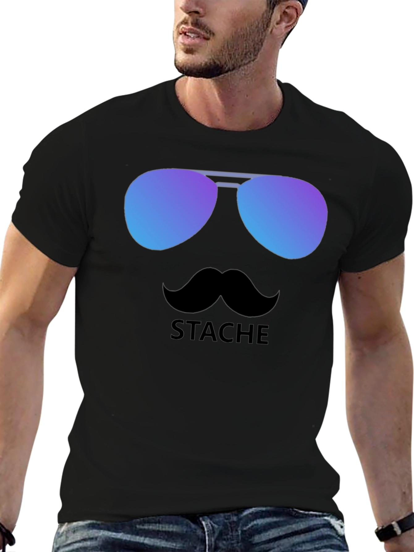 Black Cool Stache T-Shirt - Sunglasses & Moustache Graphic Tee view 6