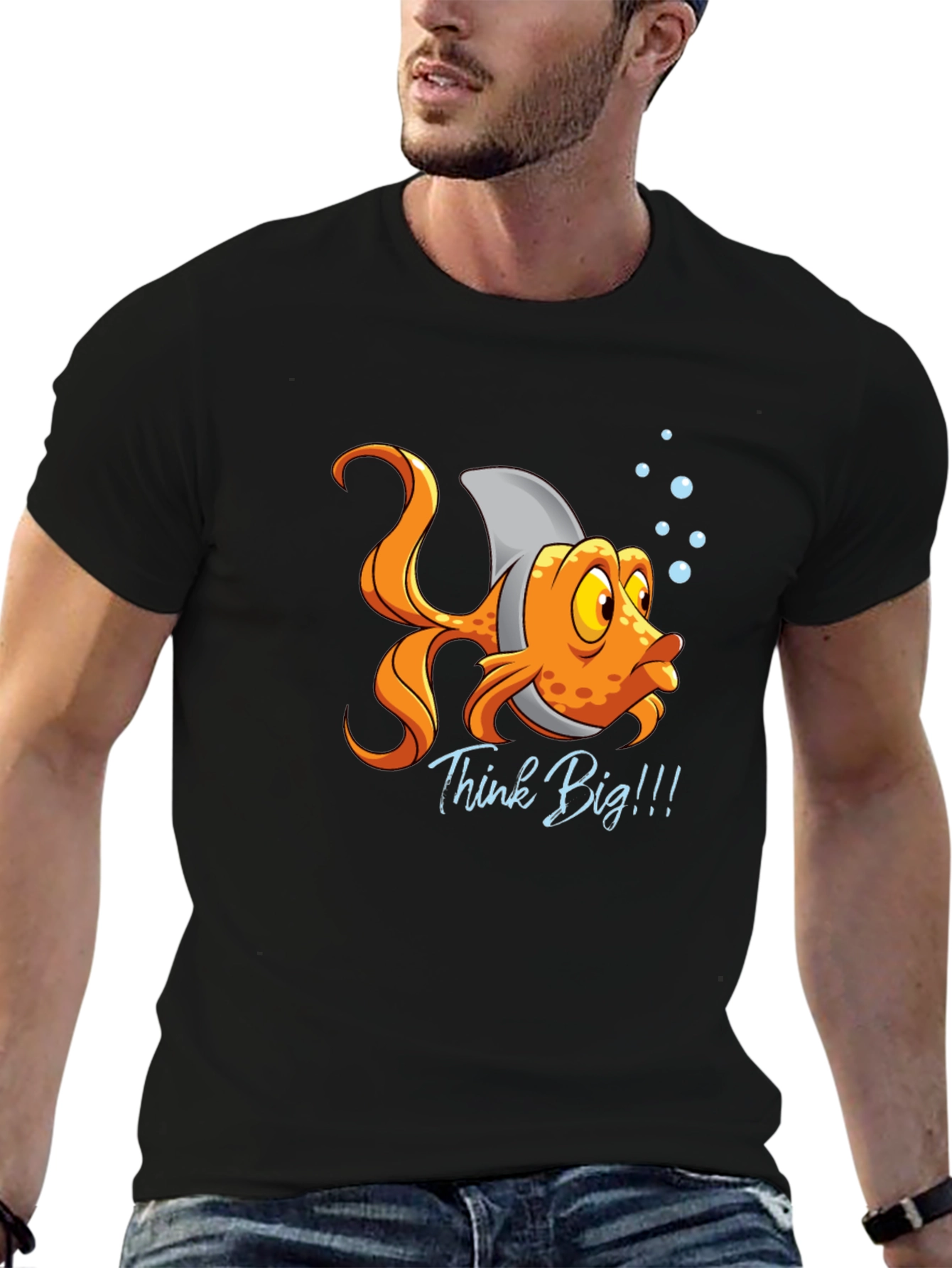 Black Think Big! Fish with Shark Fin T-Shirt view 6