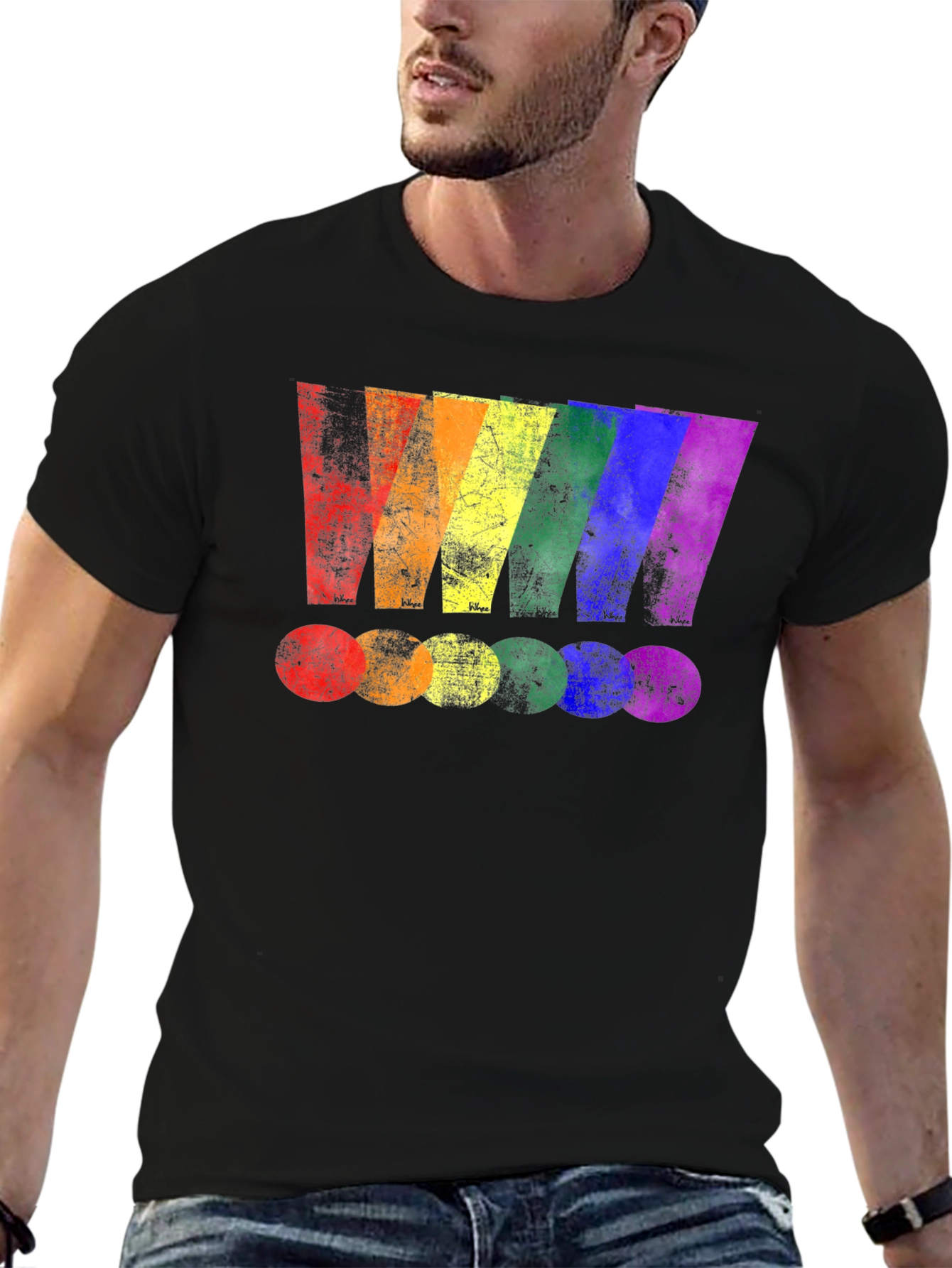 Black Rainbow Stripe Graphic Print Black T-Shirt view 6