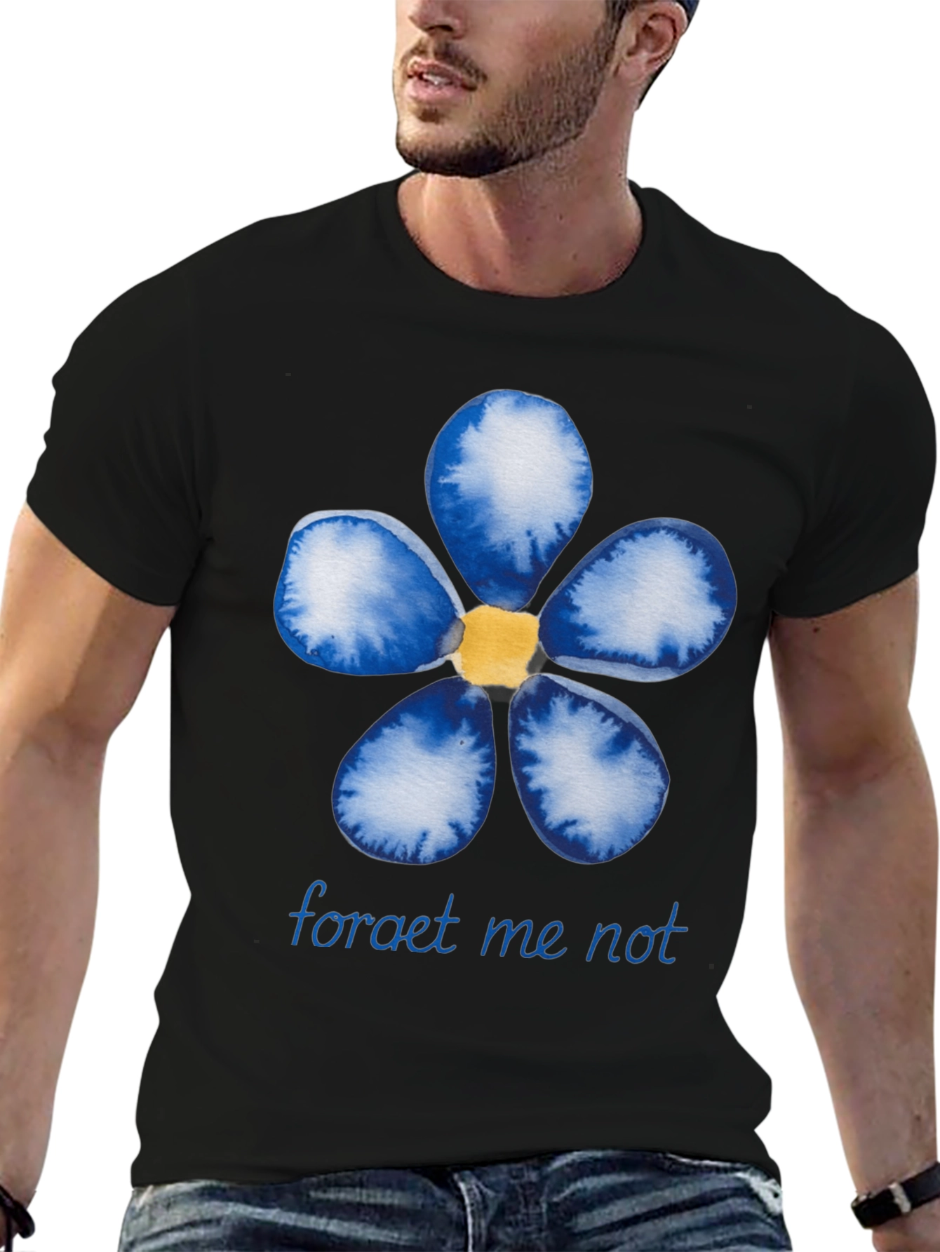 Black Forget-Me-Not Flower Graphic Black T-Shirt view 6