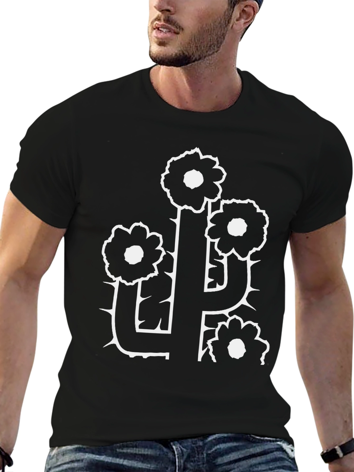 Black Cactus Flower Graphic Tee - Black Cotton T-Shirt view 6