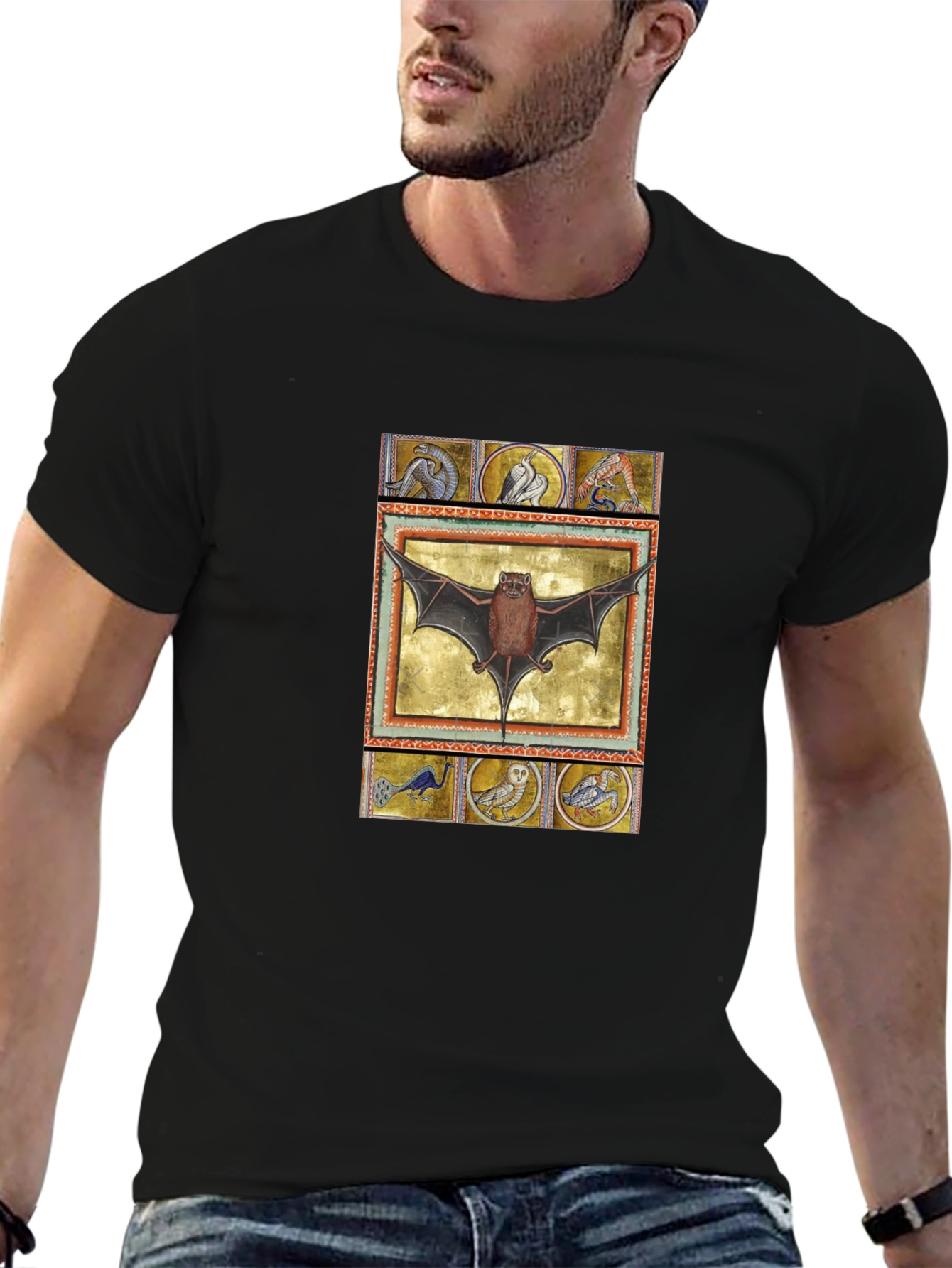 Black Medieval Bat Art T-Shirt - Unique Graphic Tee view 6