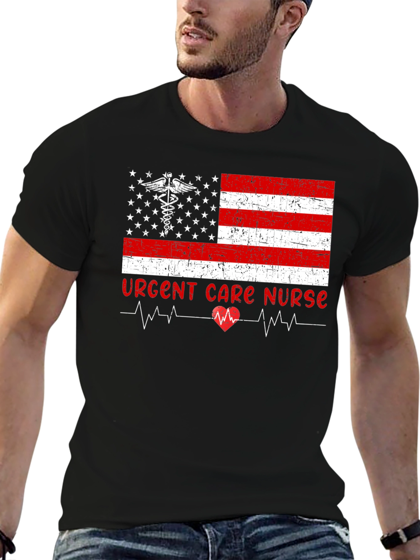 Black Urgent Care Nurse American Flag T-Shirt view 6