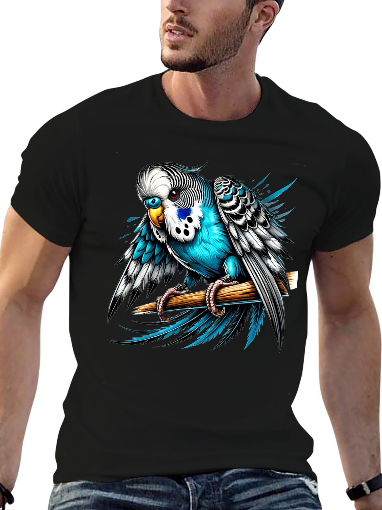 Black Blue Budgie Bird T-Shirt - Unique Graphic Tee view 6
