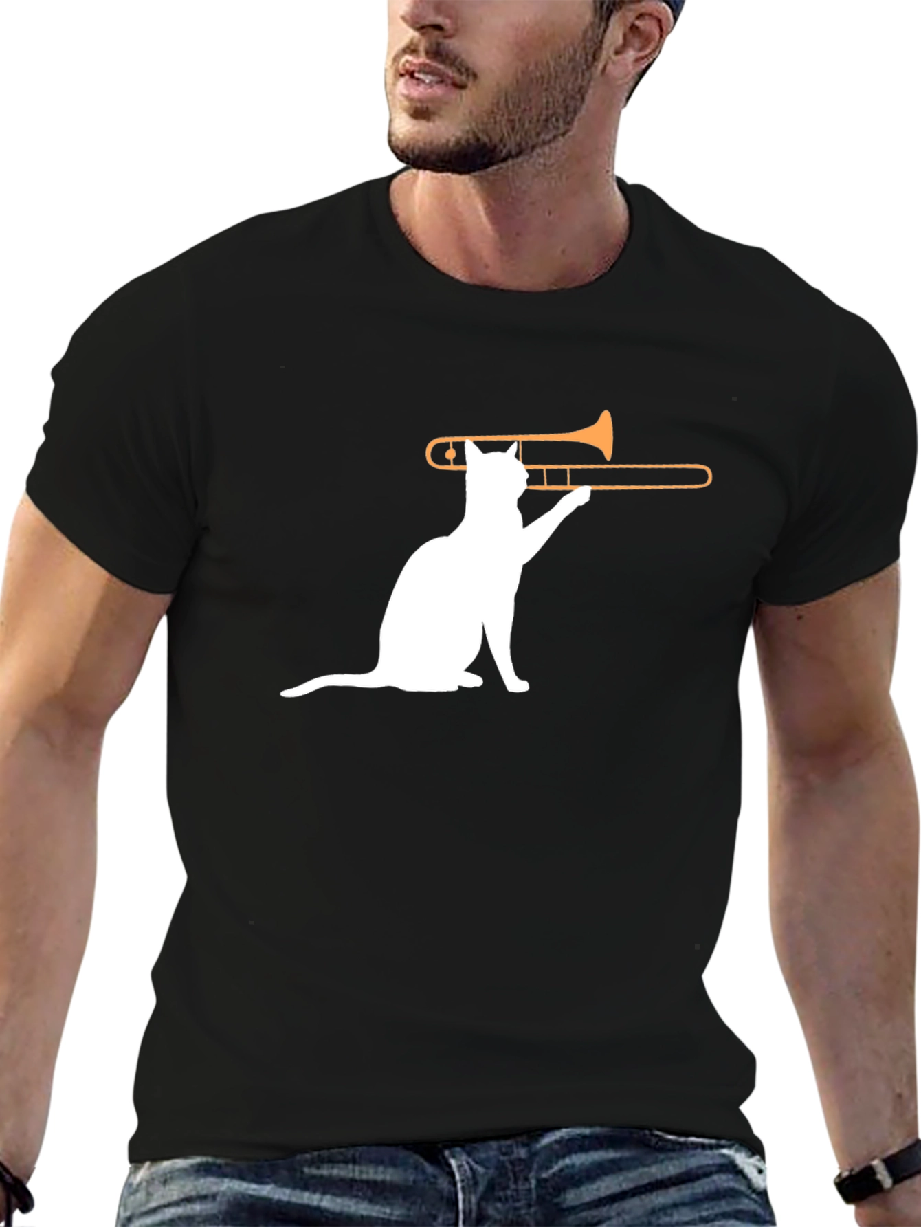 Black Cat Trombone T-Shirt - Black Cotton Graphic Tee view 6