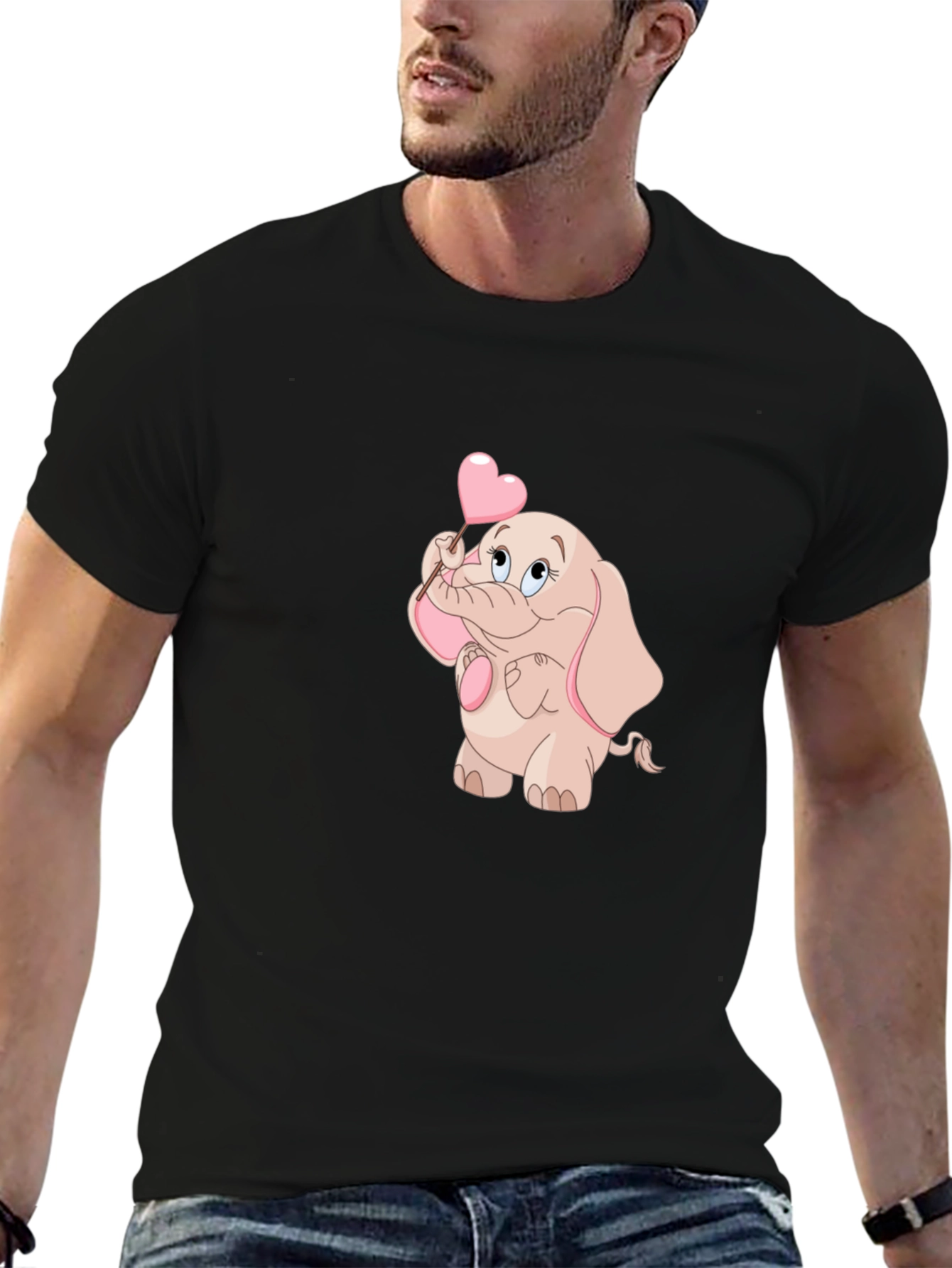Black Cute Elephant Holding Heart T-Shirt view 6