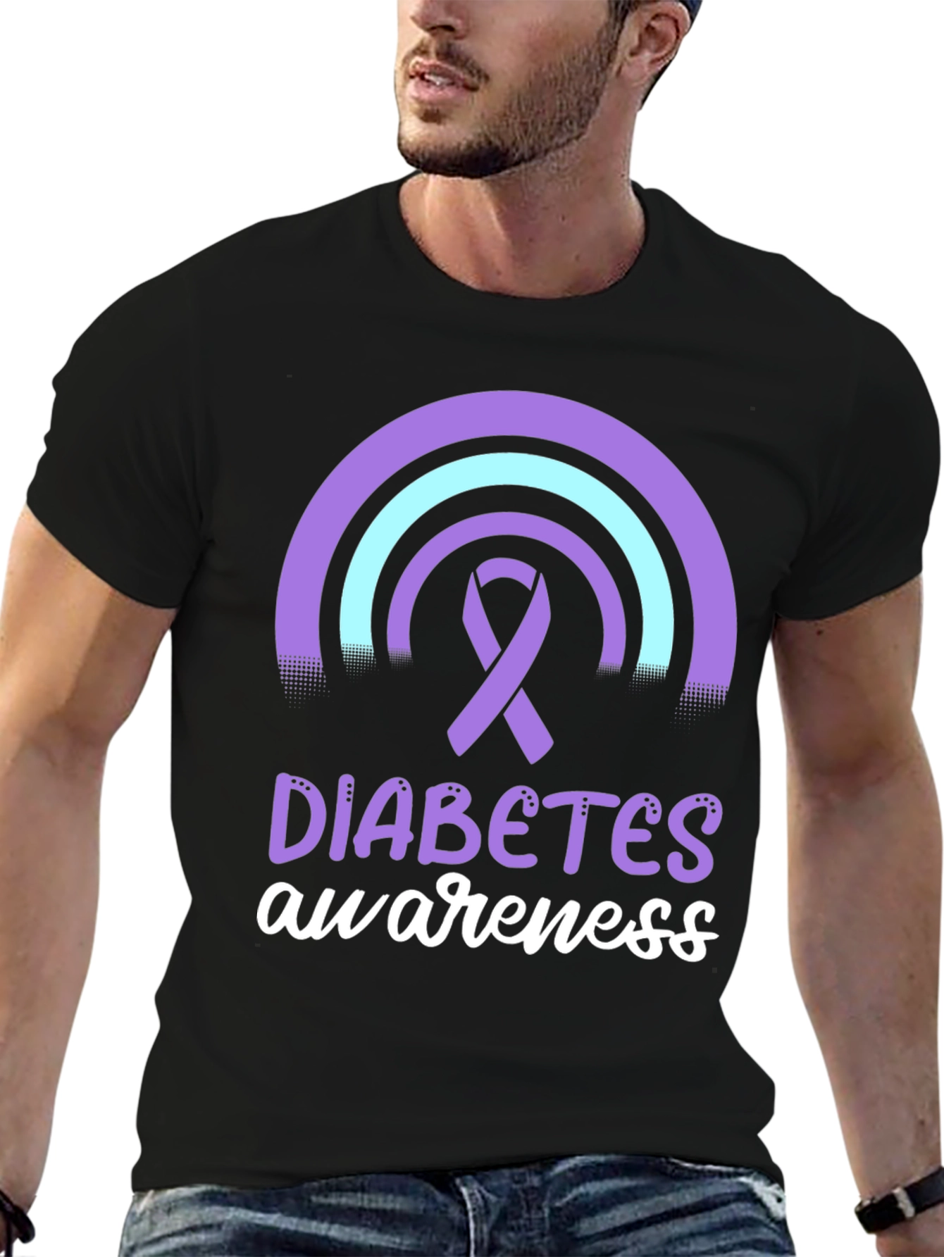 Black Diabetes Awareness T-Shirt Ribbon Rainbow Design view 6
