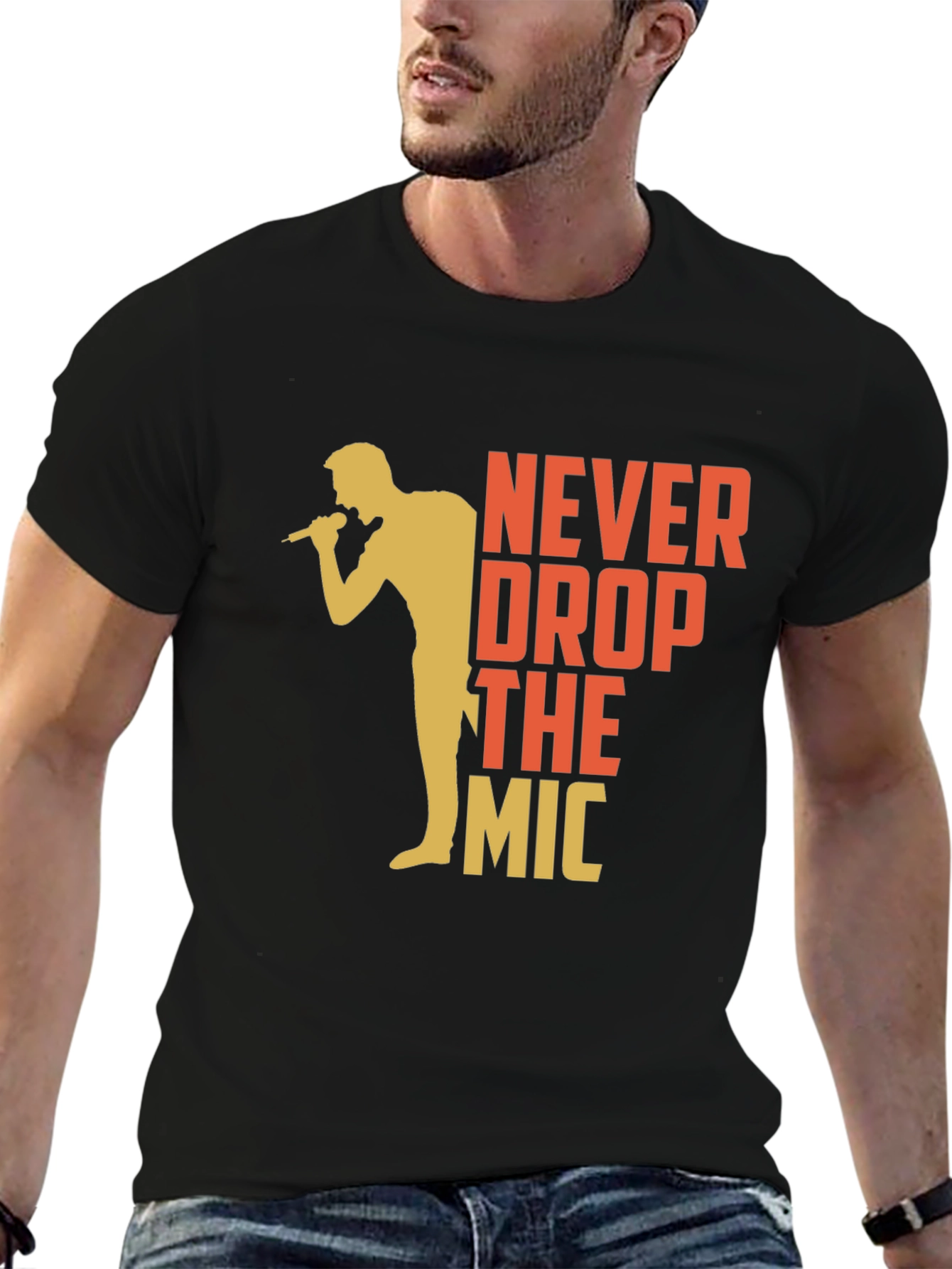 Black Never Drop The Mic Graphic Tee - Black Cotton T-Shirt view 6