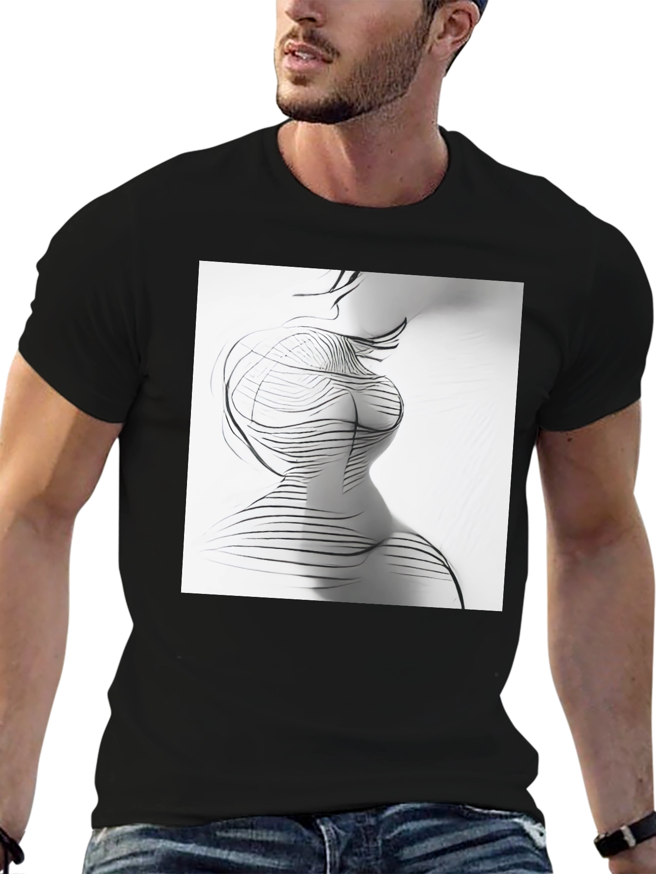 Black Abstract Line Art Print Black Crew Neck T-Shirt view 6